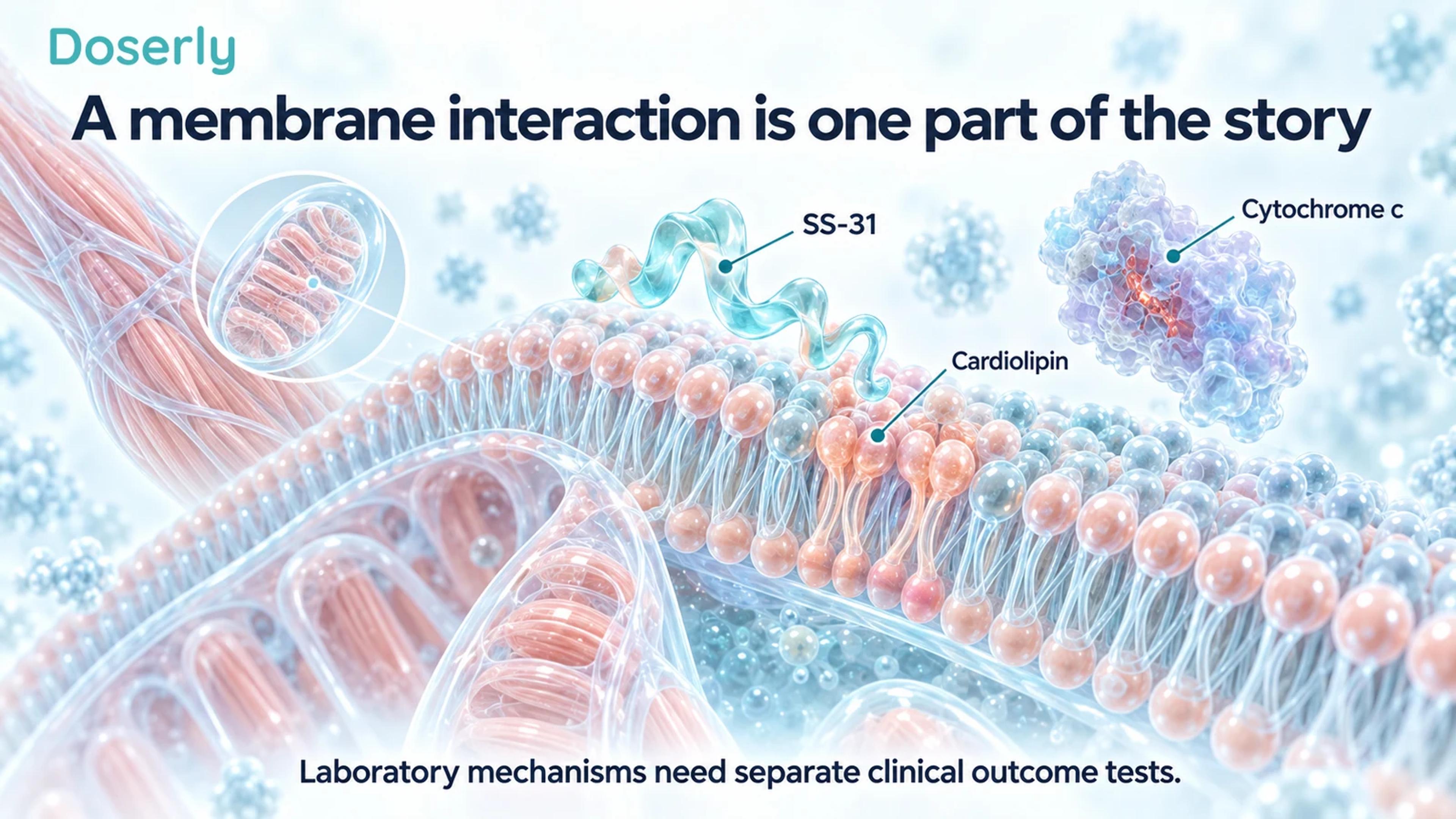 Conceptual inner-membrane illustration showing SS-31, cardiolipin and cytochrome c in relation to a muscle fiber.