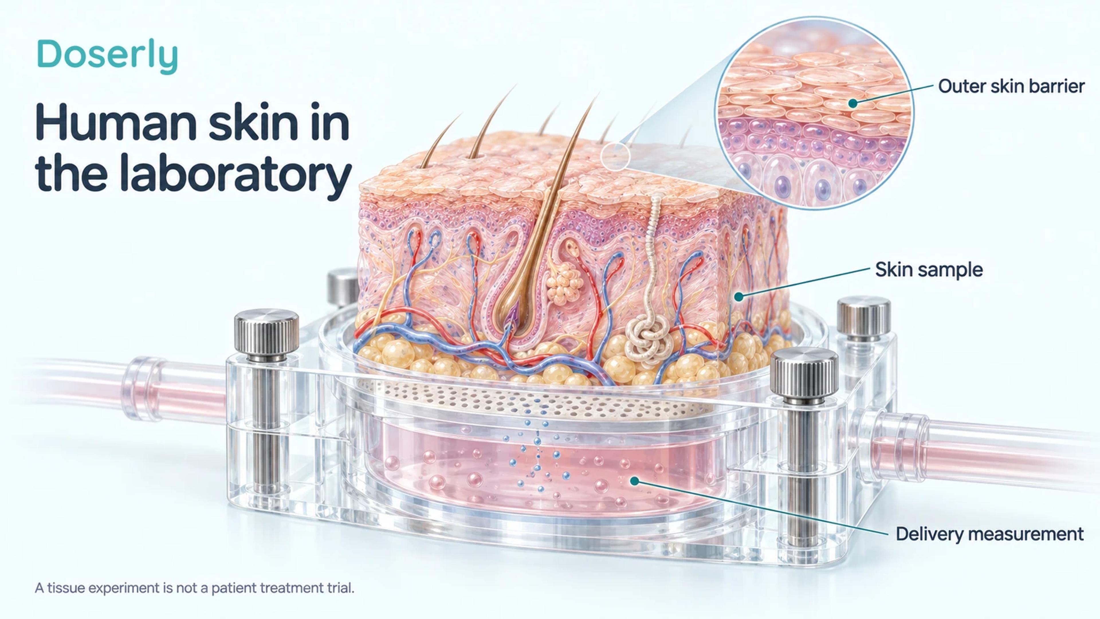 Detailed human skin sample above a conceptual laboratory diffusion chamber, with an enlarged view of the outer skin barrier.