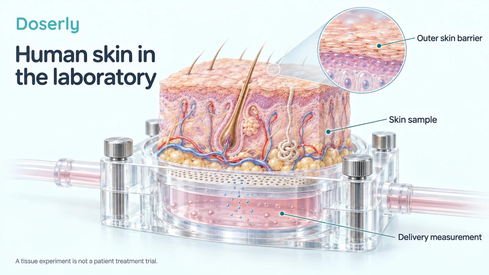 Detailed human skin sample above a conceptual laboratory diffusion chamber, with an enlarged view of the outer skin barrier.