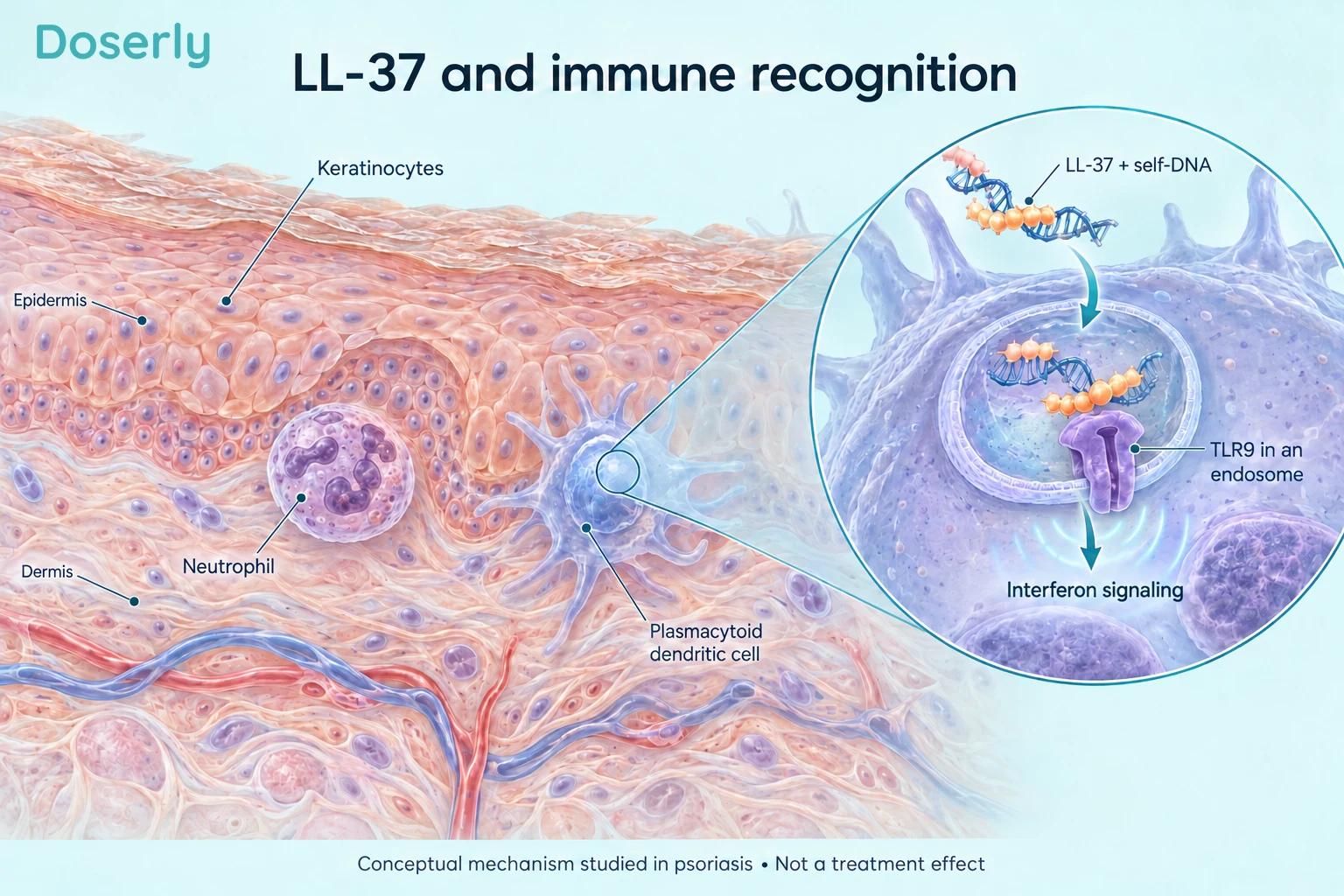 Skin cells and immune cells with a magnified illustration of LL-37 and self-DNA entering a dendritic-cell endosome.