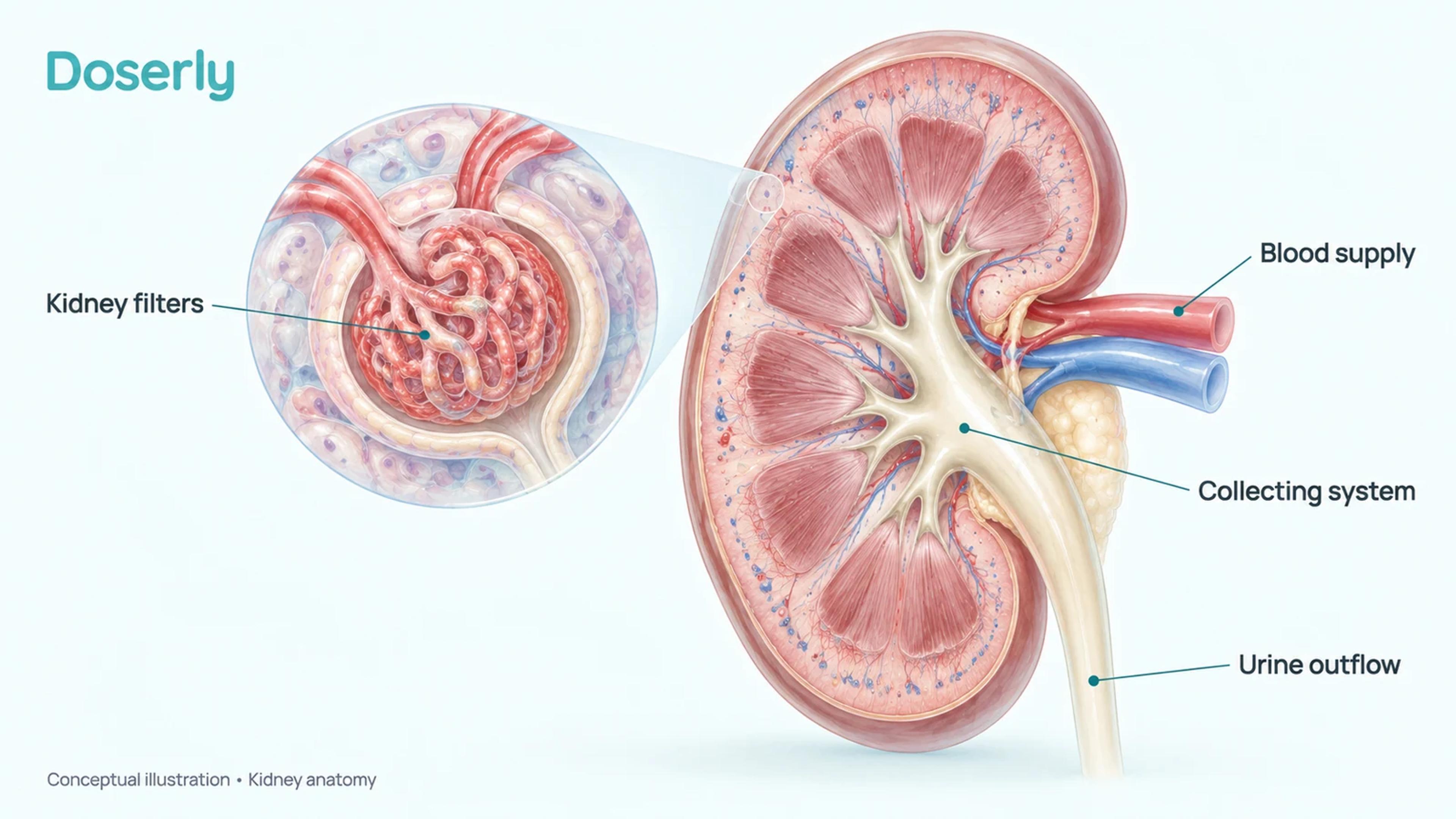 A cutaway human kidney with a magnified filtering unit and labels for kidney filters, blood supply, collecting system and urine outflow.