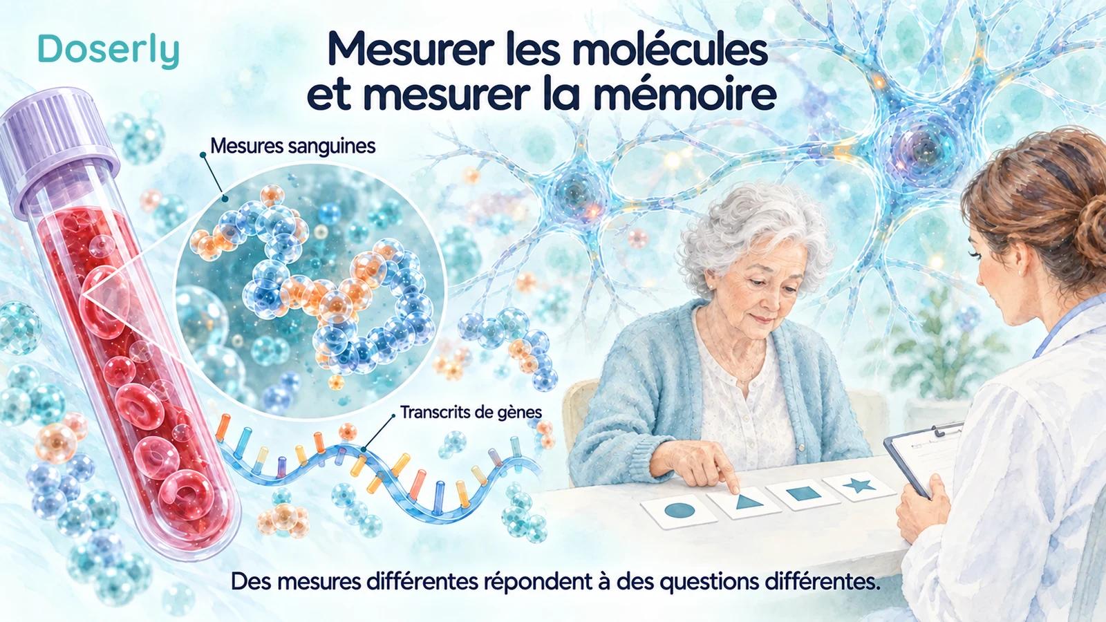 Mesures sanguines et d’ARN présentées séparément d’une personne âgée qui passe une évaluation de la mémoire avec un clinicien