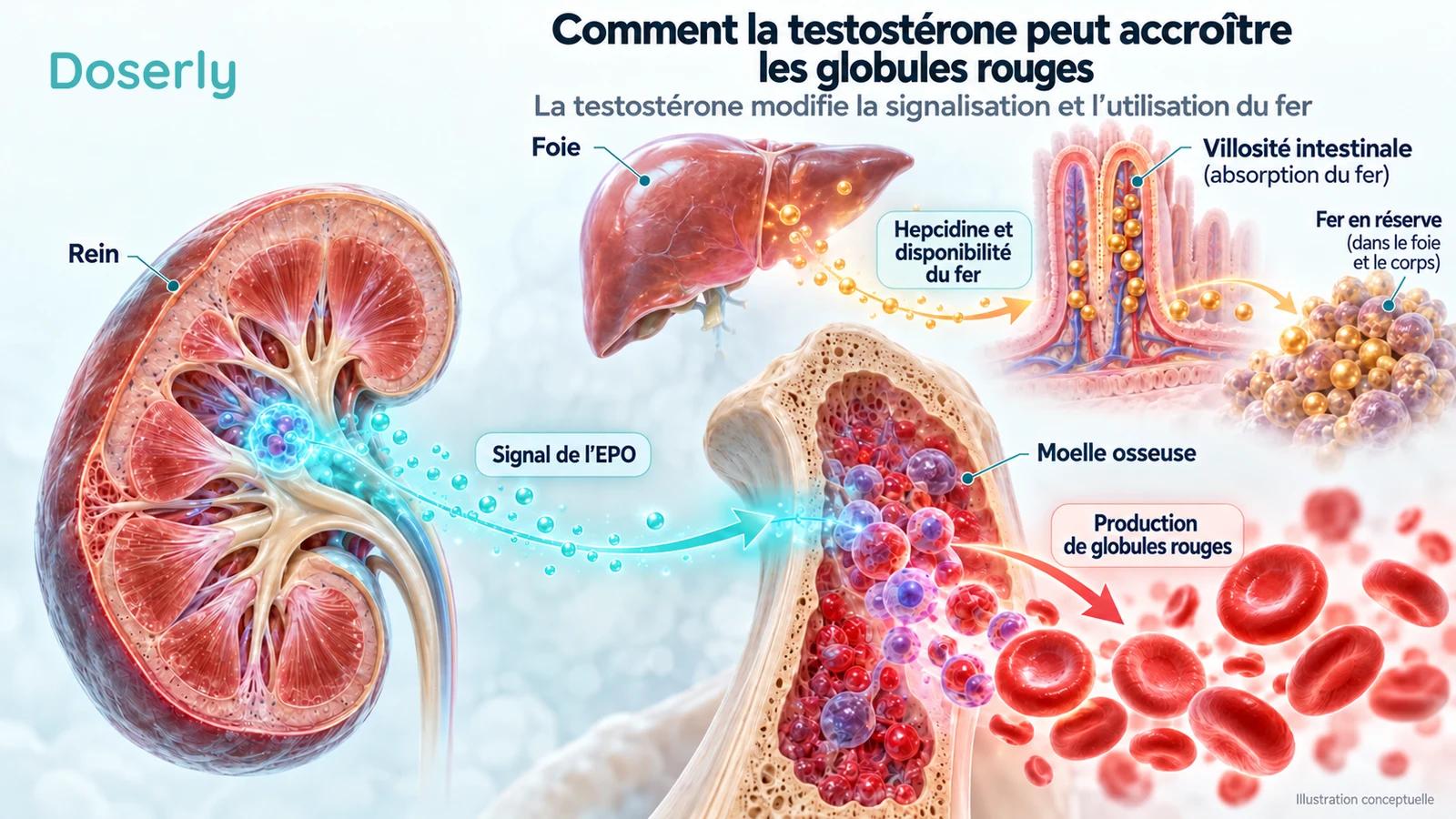 Un rein, le foie, du tissu intestinal et la moelle osseuse illustrent la signalisation de l’EPO, la régulation de l’hepcidine et la production de globules rouges.