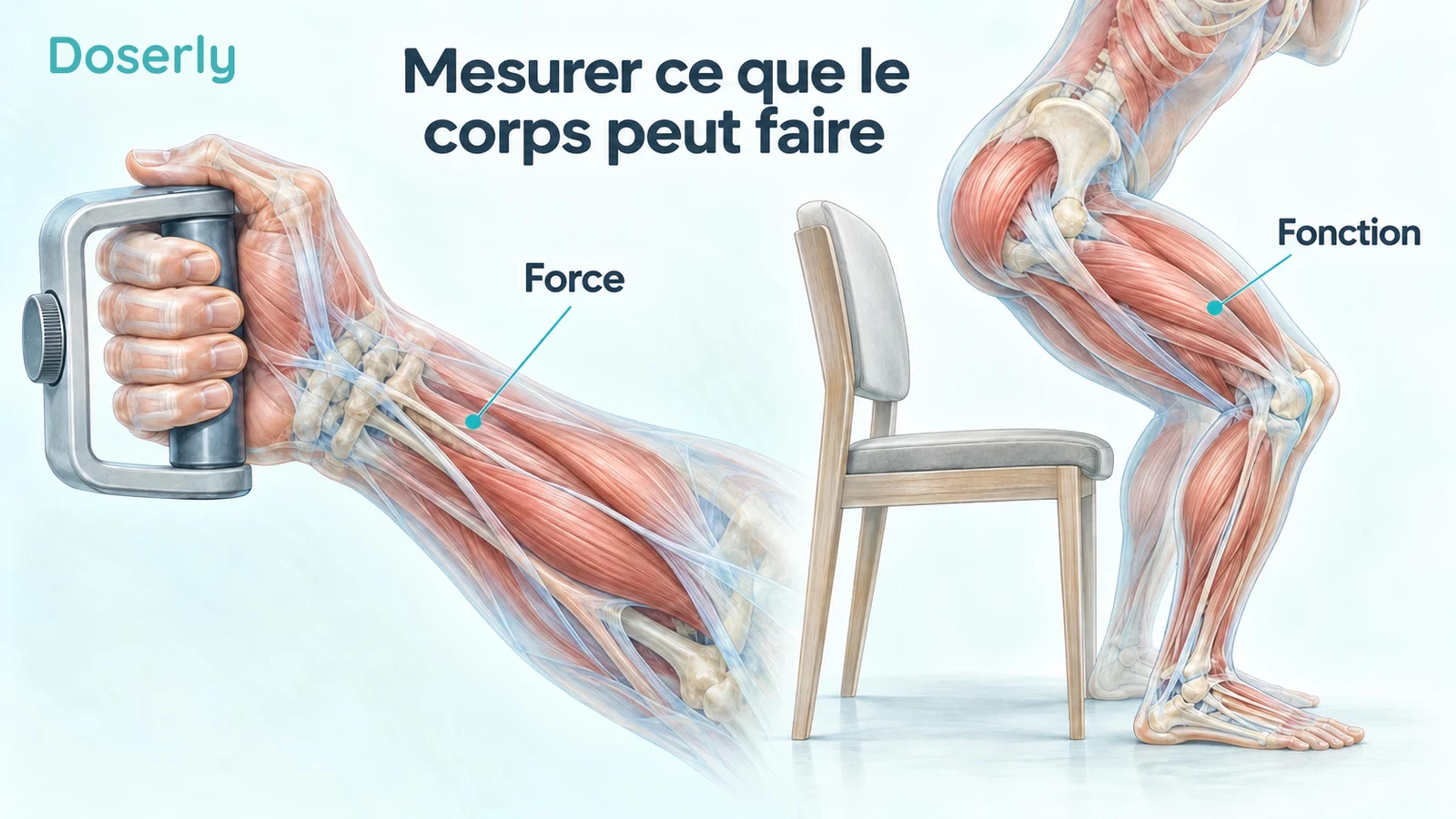 Avant-bras anatomique serrant un dynamomètre à côté d’une illustration des membres inférieurs d’une personne se levant d’une chaise.