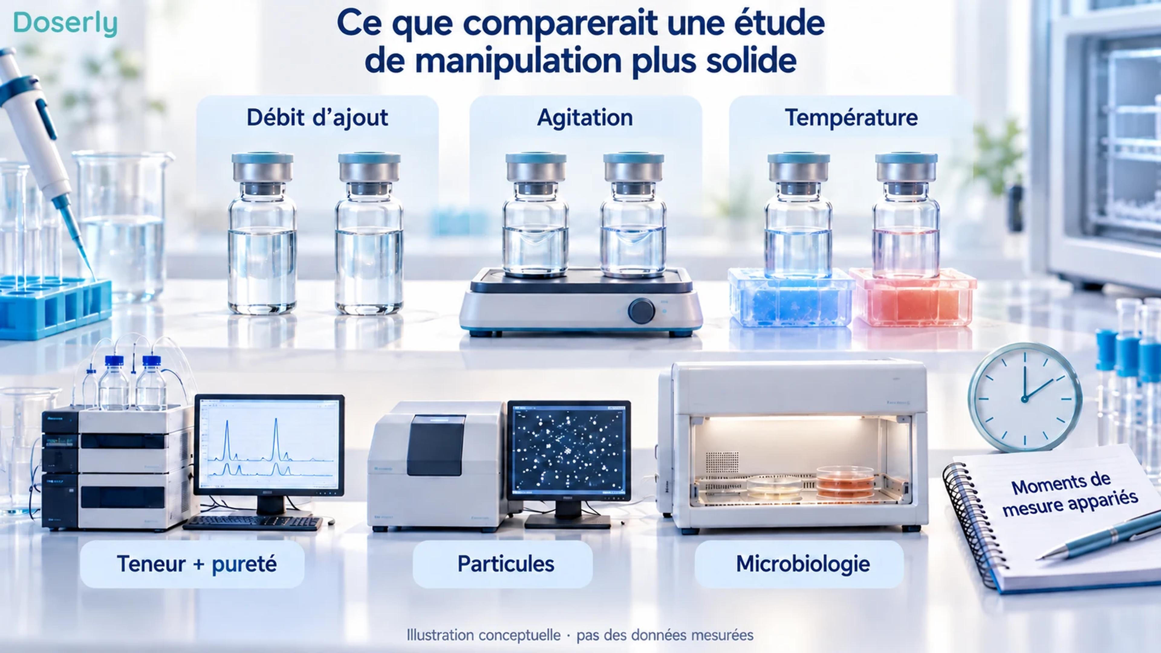 Groupes de fioles appariées soumis à des conditions contrôlées d’ajout, d’agitation et de température, puis à des tests chimiques, particulaires et microbiologiques.