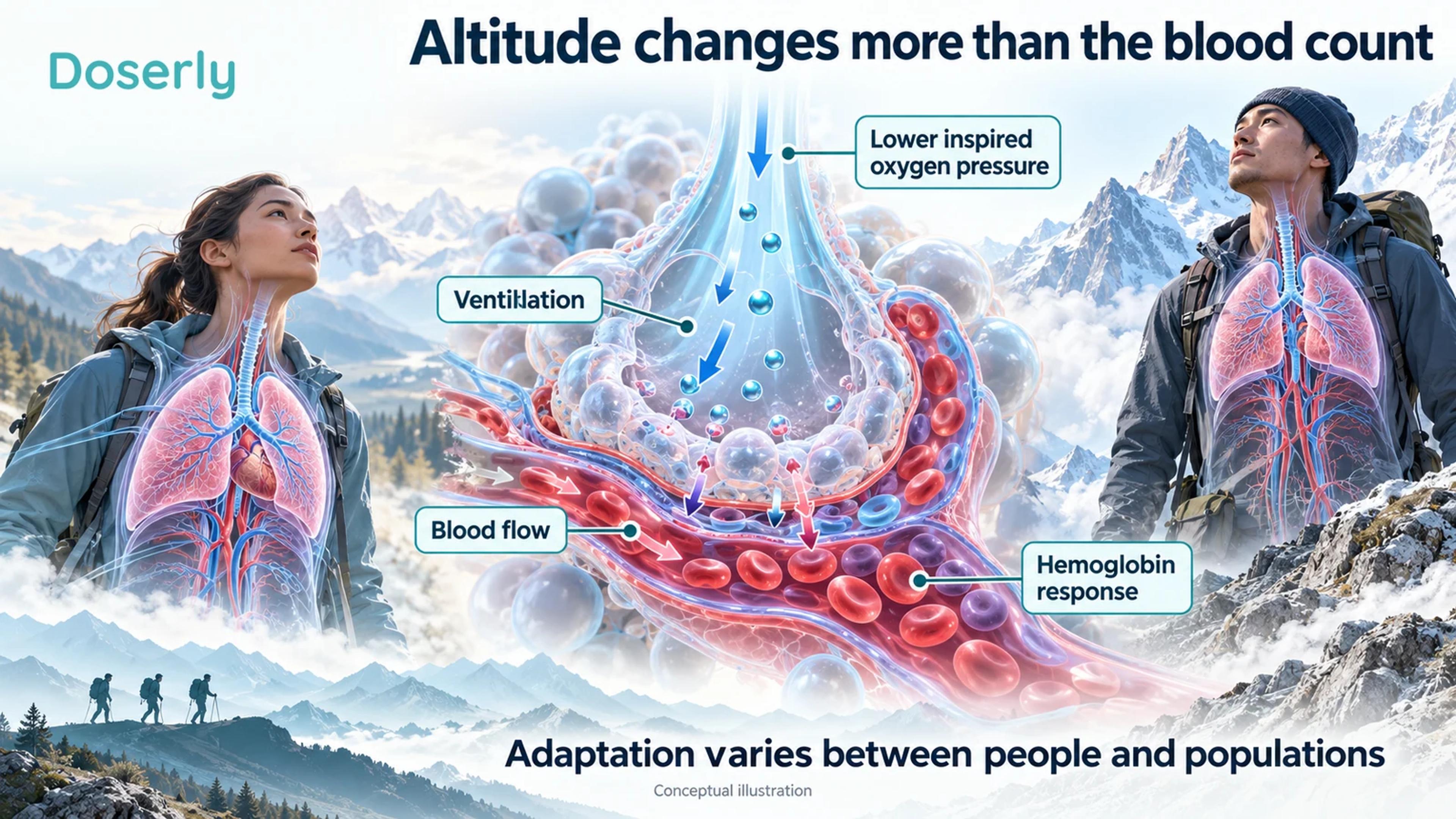 Mountain air, lungs and blood vessels illustrate several components of adaptation to lower oxygen pressure.