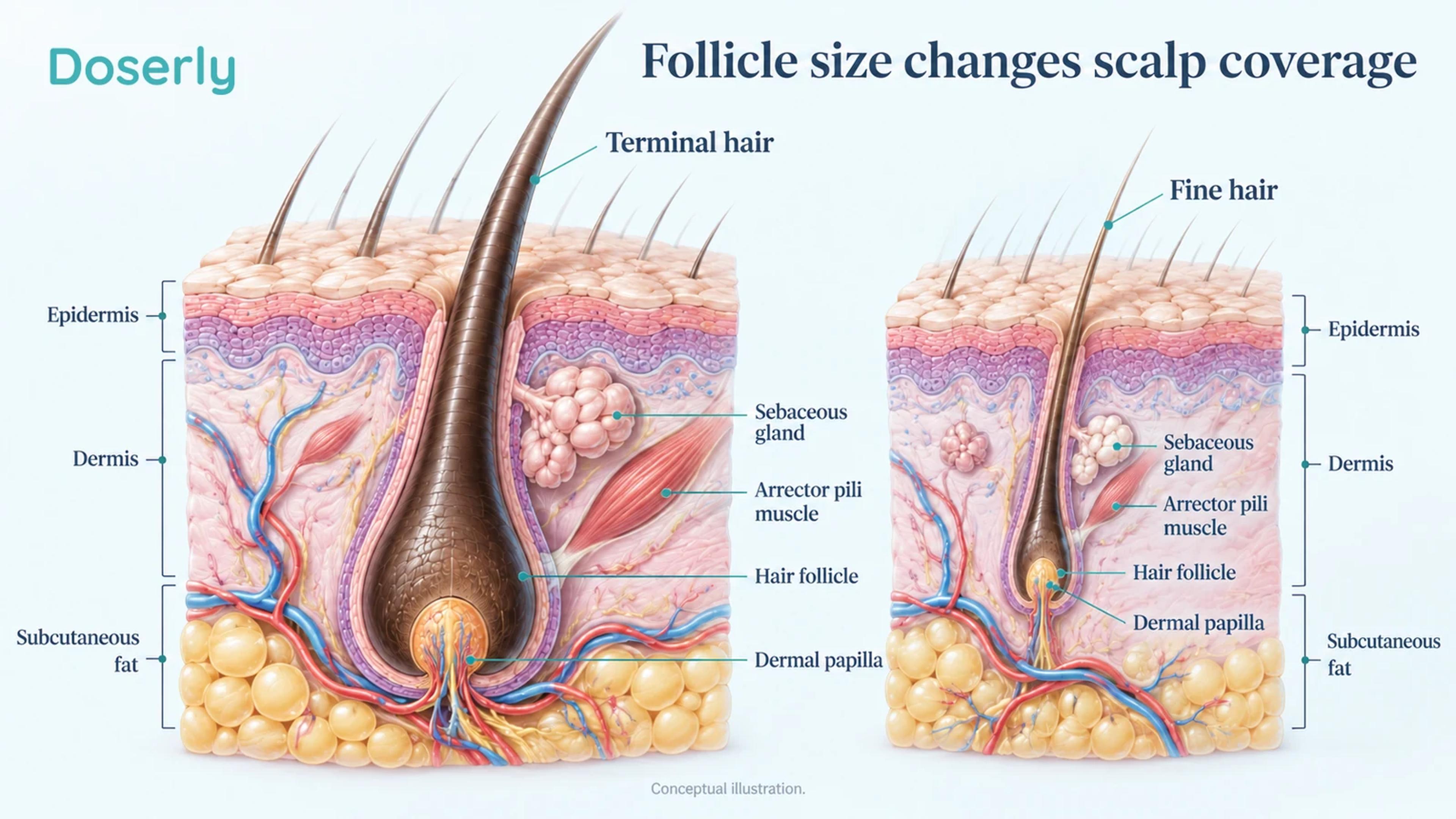 Detailed conceptual scalp follicles illustrate a full-caliber hair and a miniaturized follicle, without a treatment arrow.