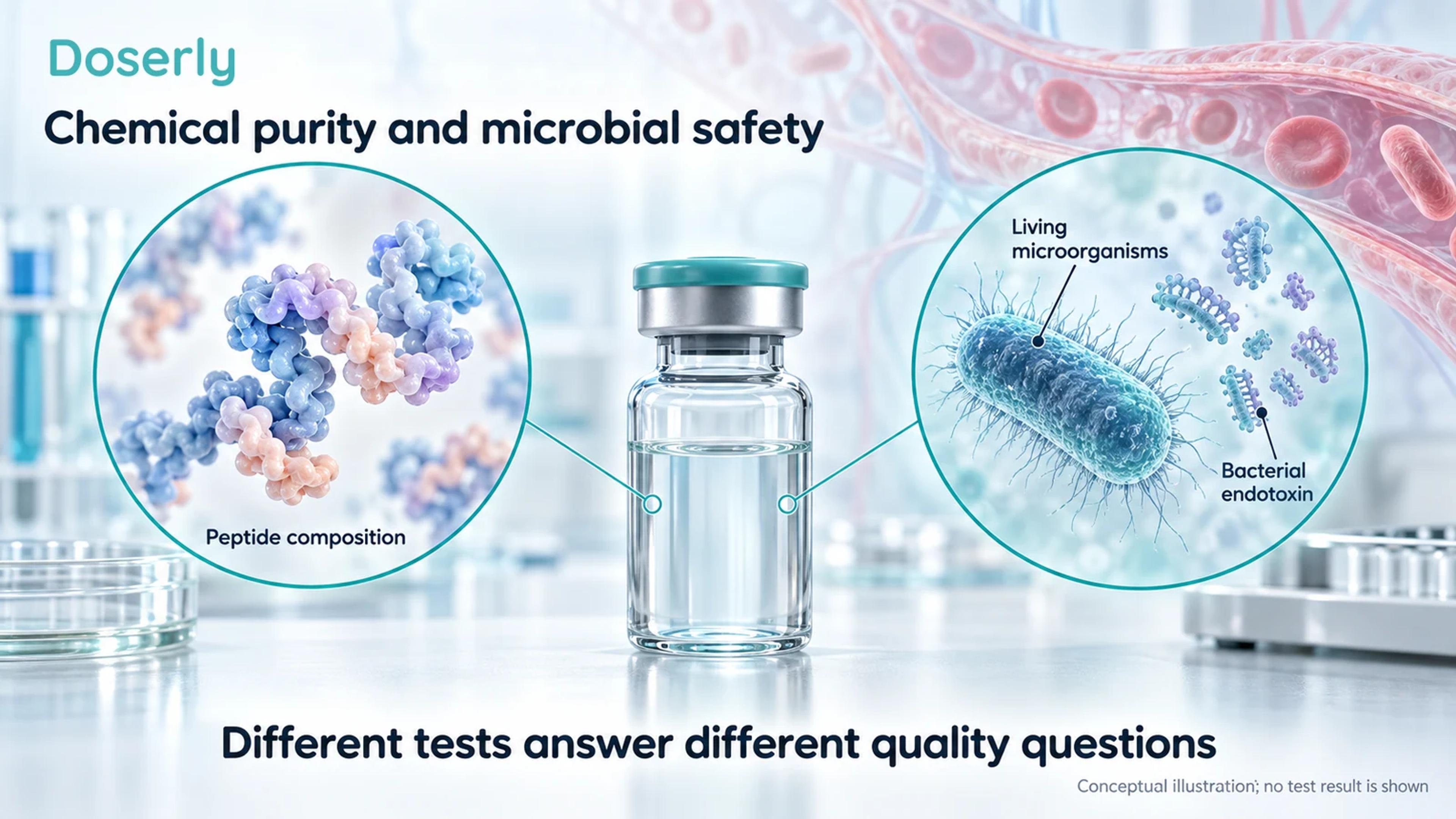 A sealed sample vial with separate magnified illustrations of peptide material, a bacterium and bacterial components.