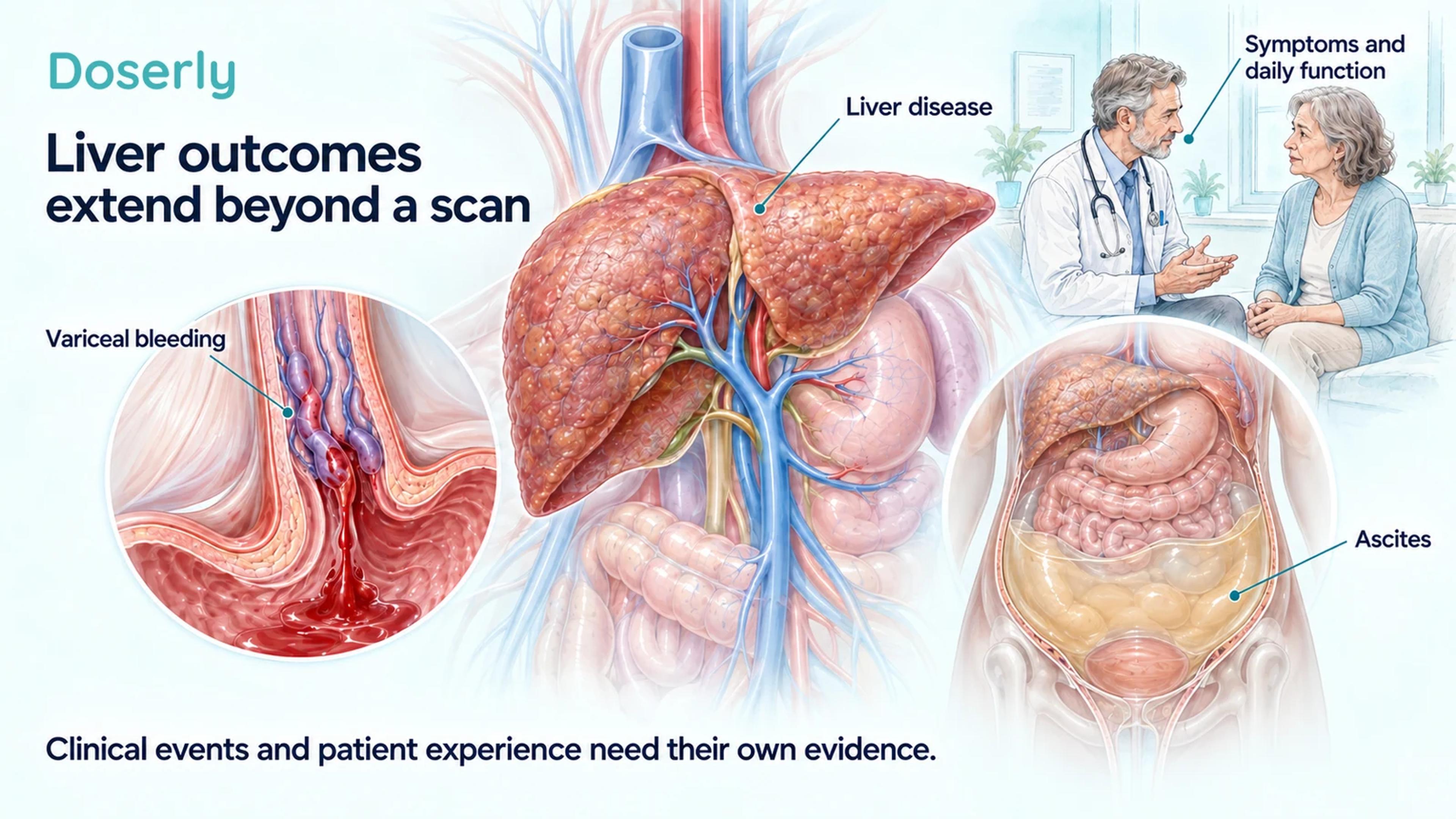 Liver anatomy with illustrations of esophageal variceal bleeding, abdominal fluid accumulation and a clinician discussing symptoms with a patient.