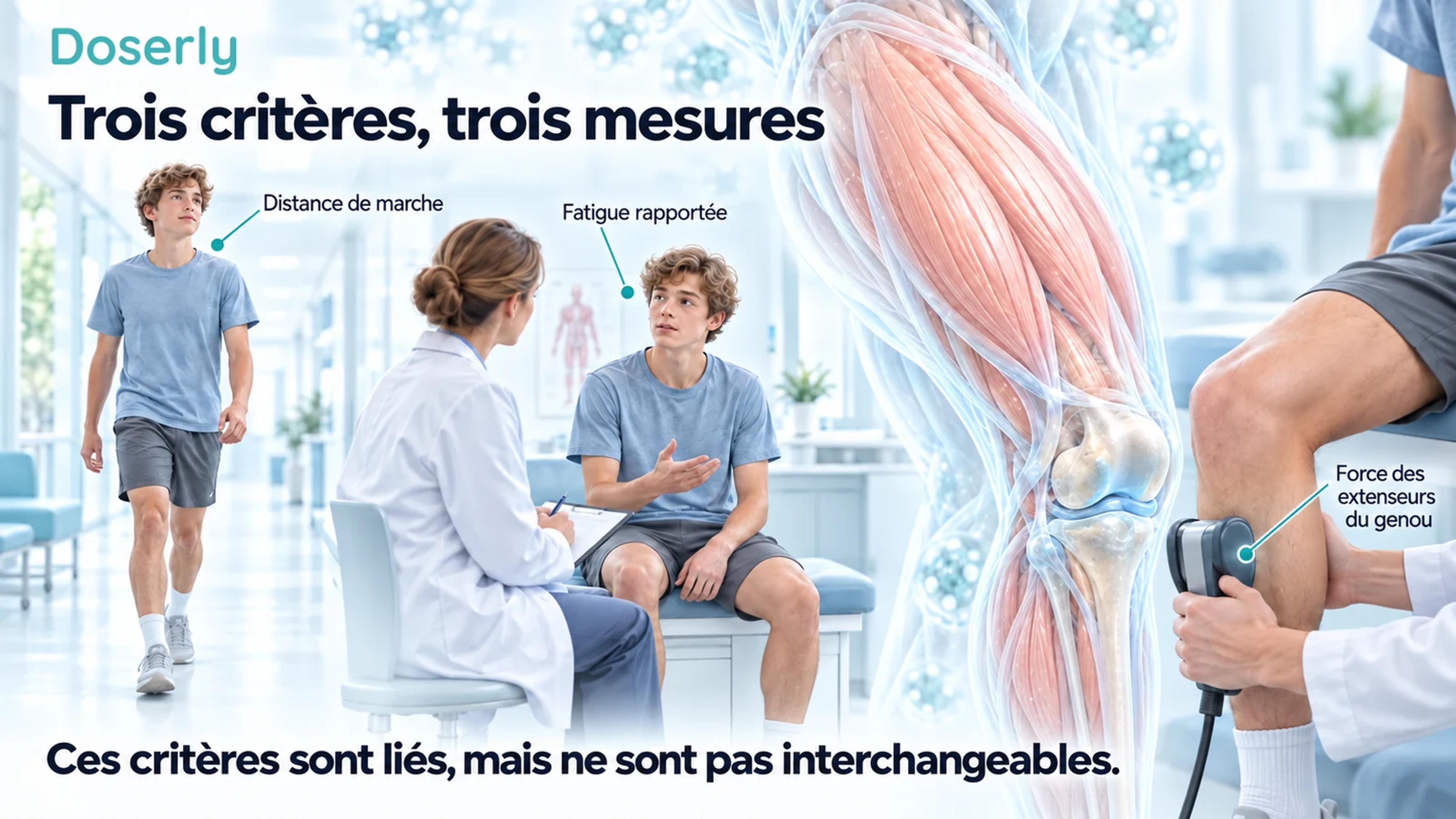 Illustration d’évaluations cliniques de la distance de marche, de la fatigue rapportée et de la force des extenseurs du genou.