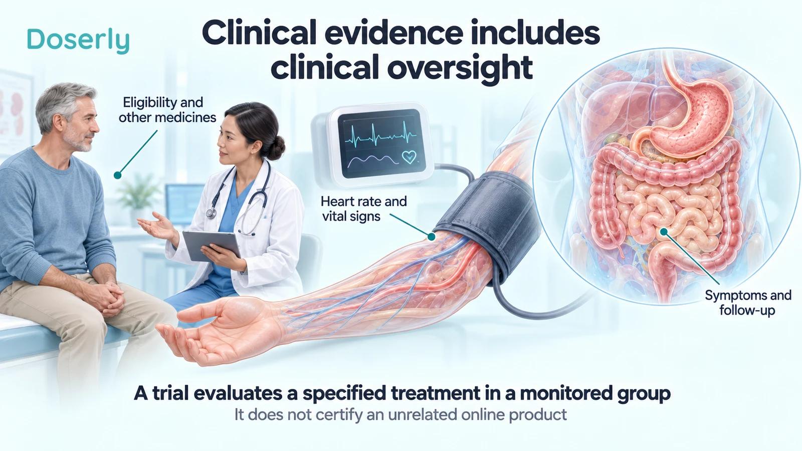 A clinician consultation, magnified arm with a vital-sign cuff, and digestive anatomy explain separate parts of trial monitoring.