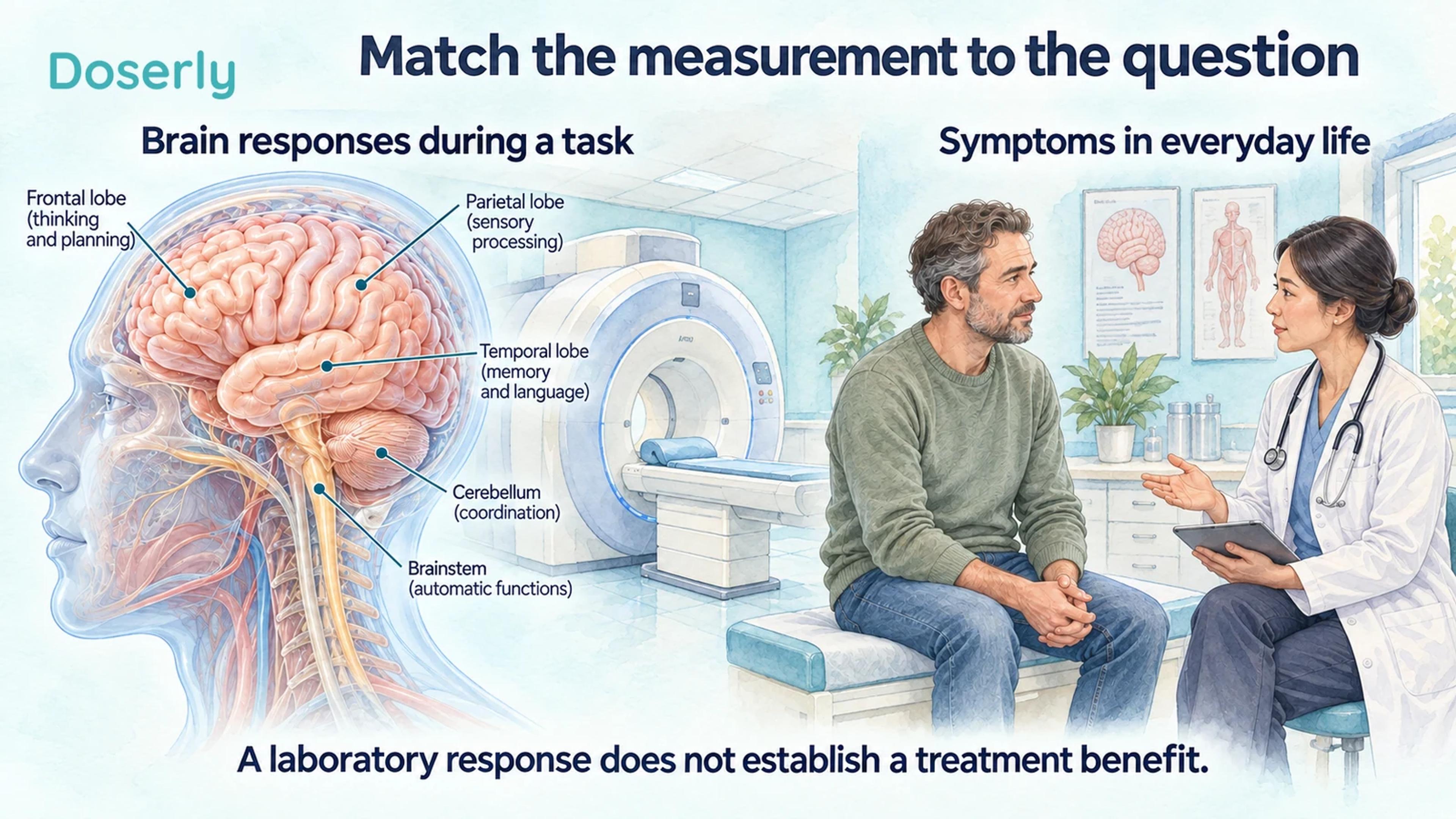 A painted medical-atlas brain and MRI scanner beside an illustrated patient discussing everyday symptoms with a clinician.