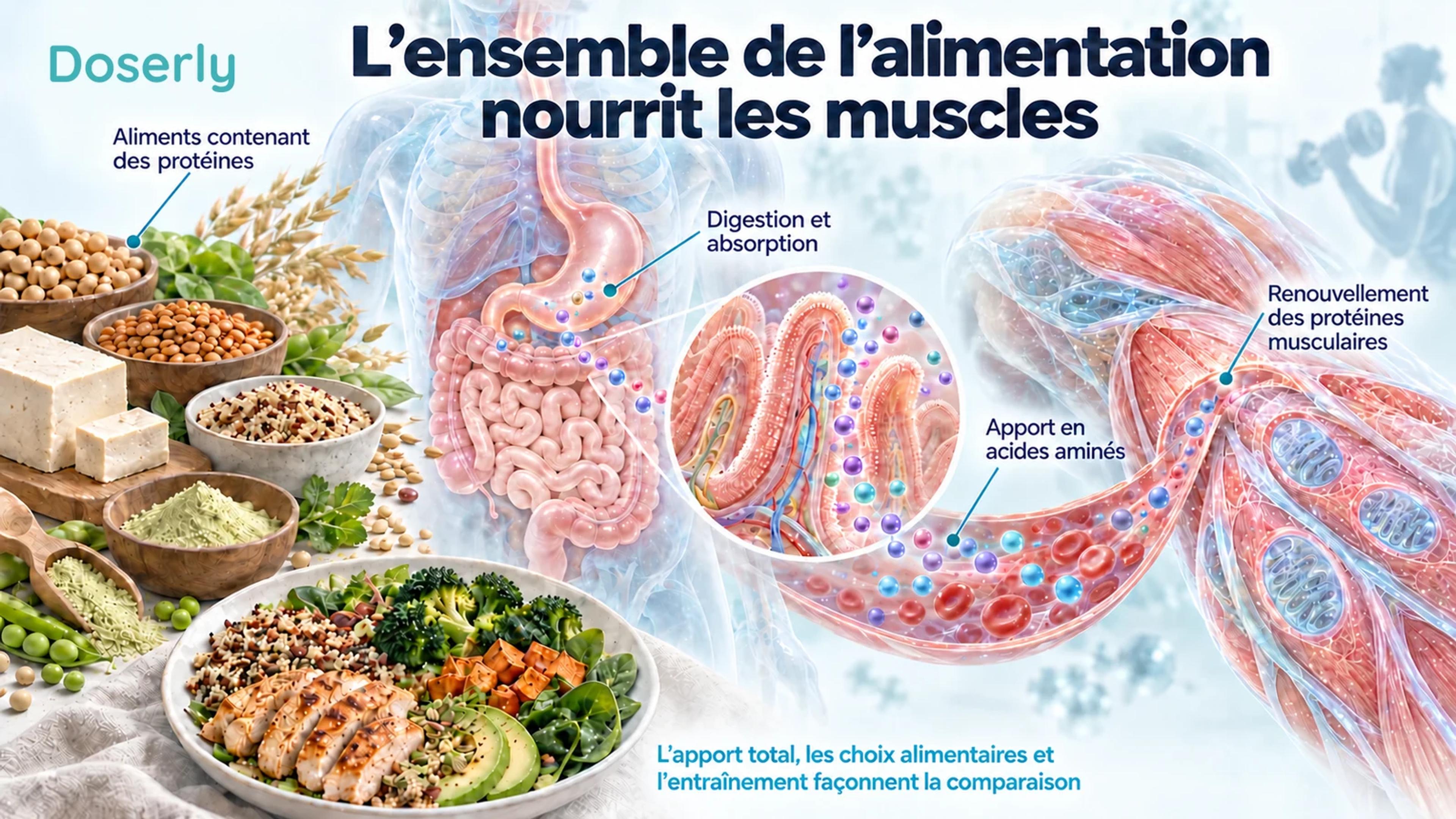 Des aliments, l’anatomie digestive, des villosités intestinales et une coupe de muscle illustrent comment l’ensemble de l’alimentation fournit des acides aminés.