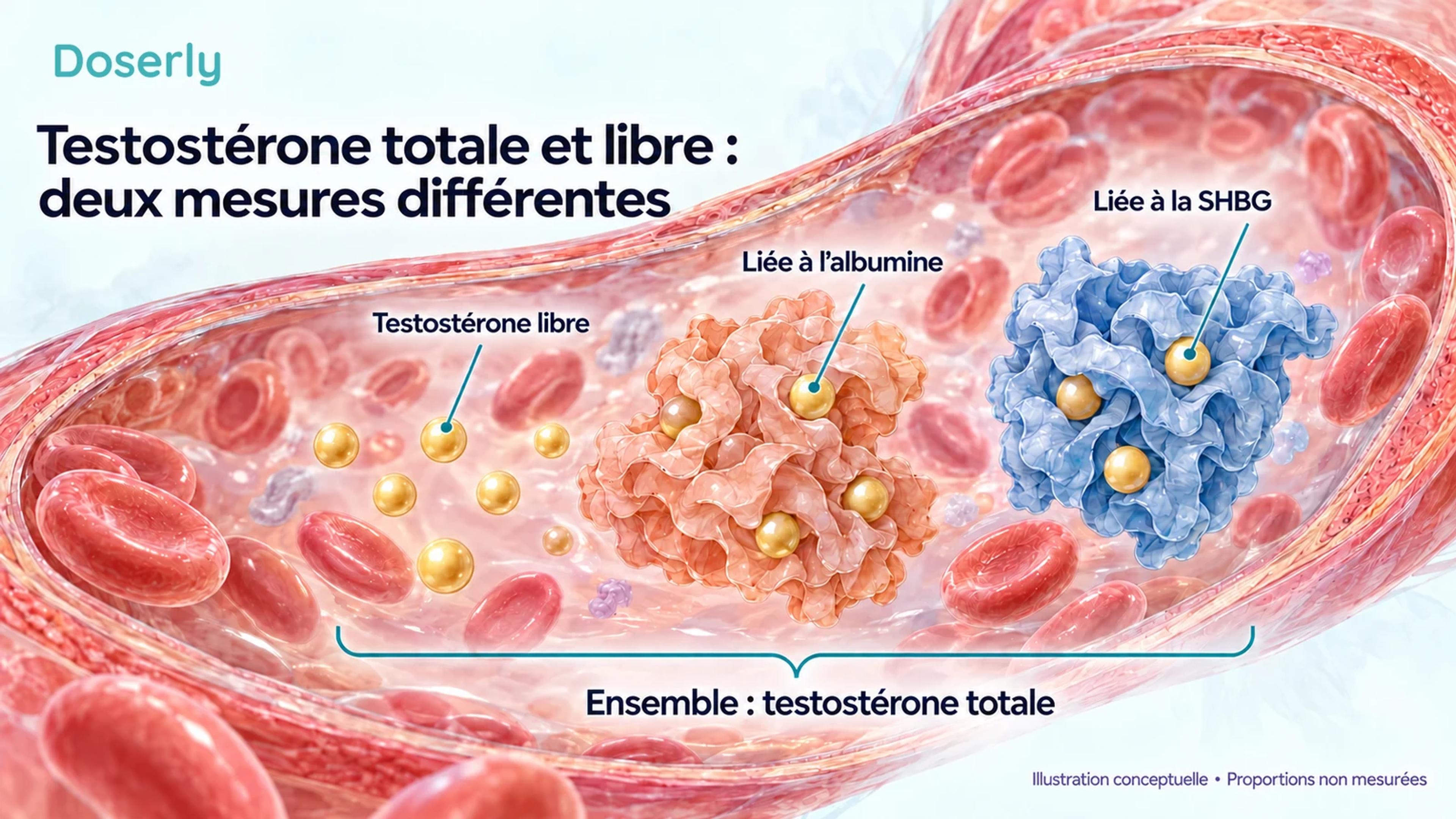 Une illustration conceptuelle d’un vaisseau sanguin distingue la testostérone libre de celle liée à l’albumine et à la SHBG, toutes comprises dans le total.