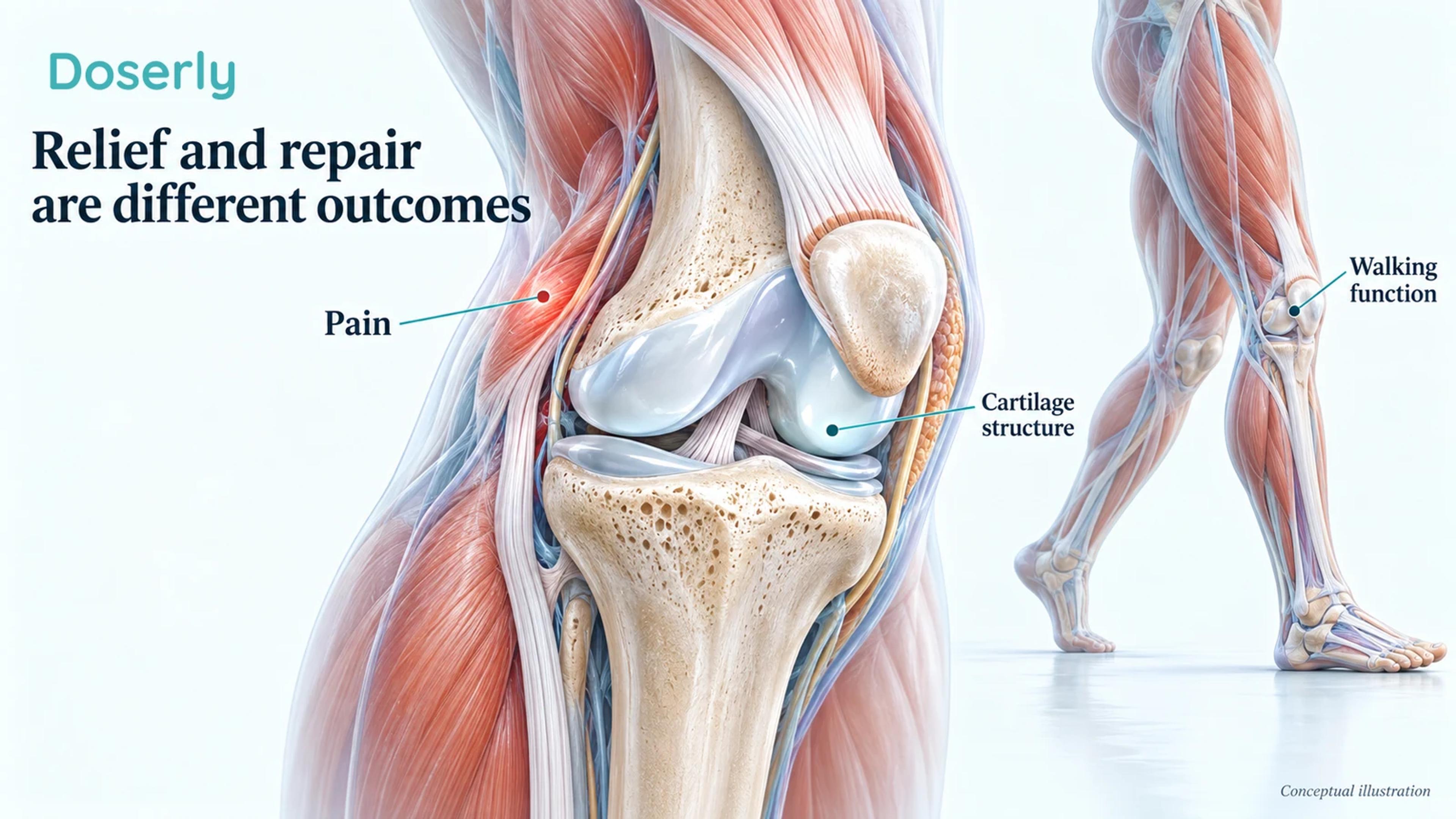 Anatomically detailed knee and surrounding muscles beside separate concepts of pain, walking function and cartilage structure.