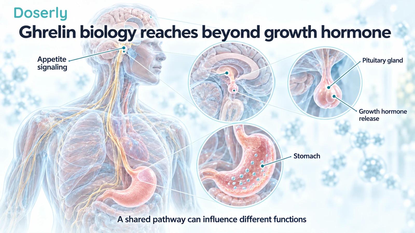Stomach, brain and pituitary in a translucent body illustrate the breadth of ghrelin-related signaling.