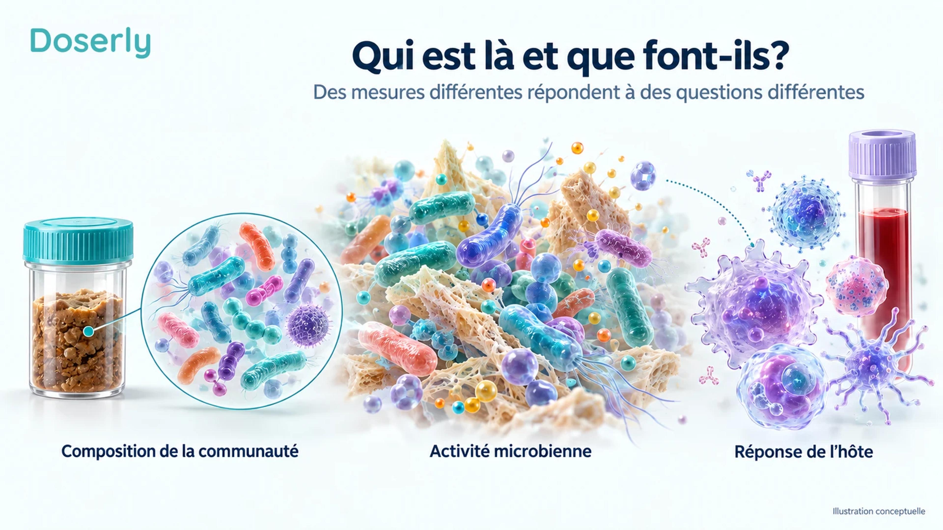 Un prélèvement de selles, une communauté microbienne conceptuelle transformant des fibres et des mesures immunitaires sanguines présentés comme des perspectives de recherche distinctes.