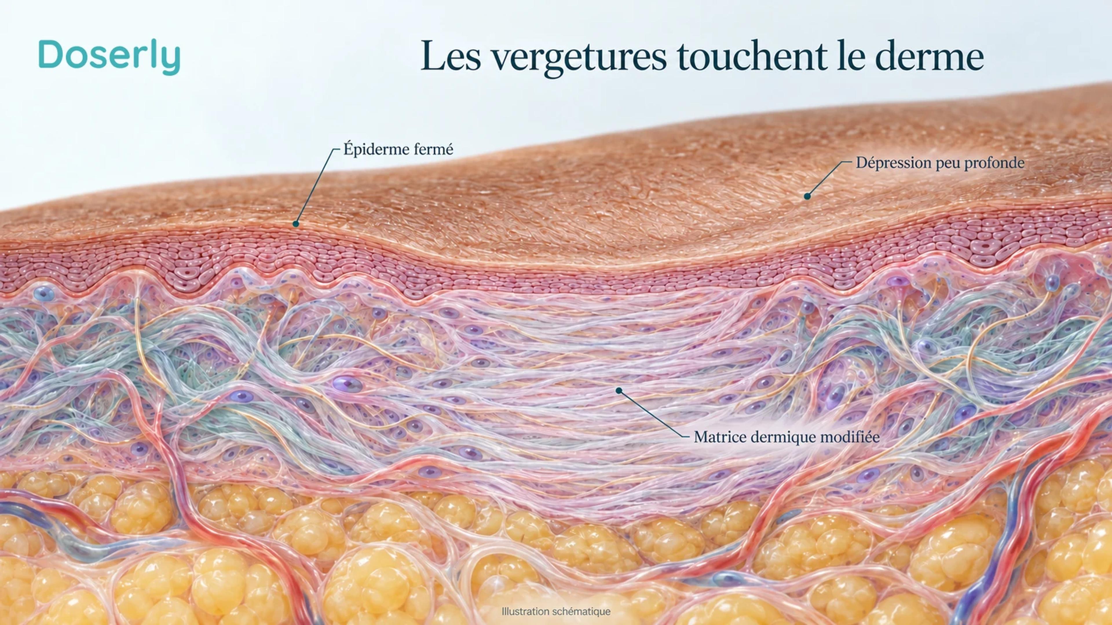 Coupe schématique de la peau montrant une vergeture mature peu profonde et un tissu conjonctif dermique modifié sous sa surface fermée.