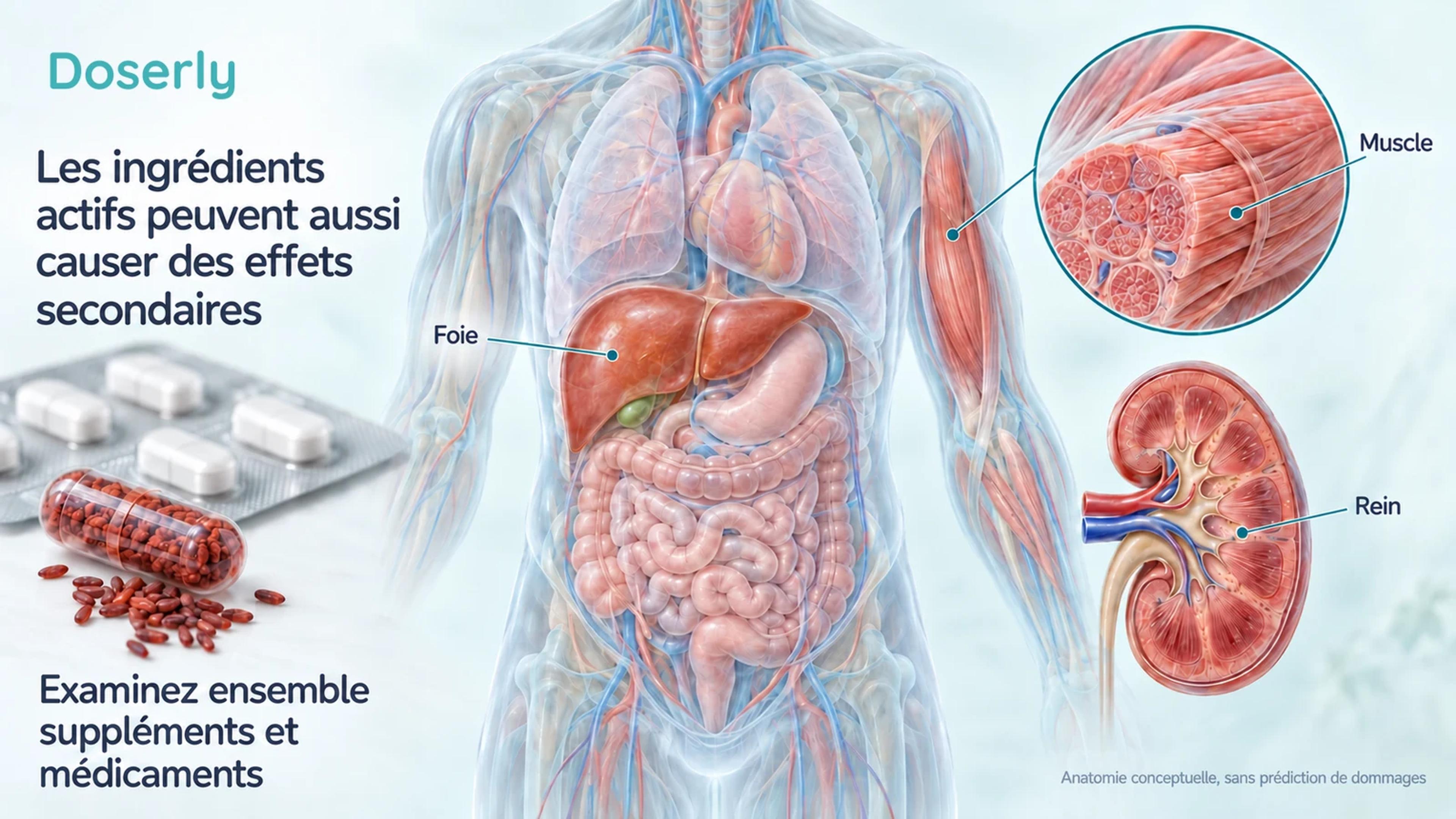 Un foie, des fibres musculaires squelettiques et un rein illustrés à côté d’une capsule de riz et d’une plaquette de médicaments.