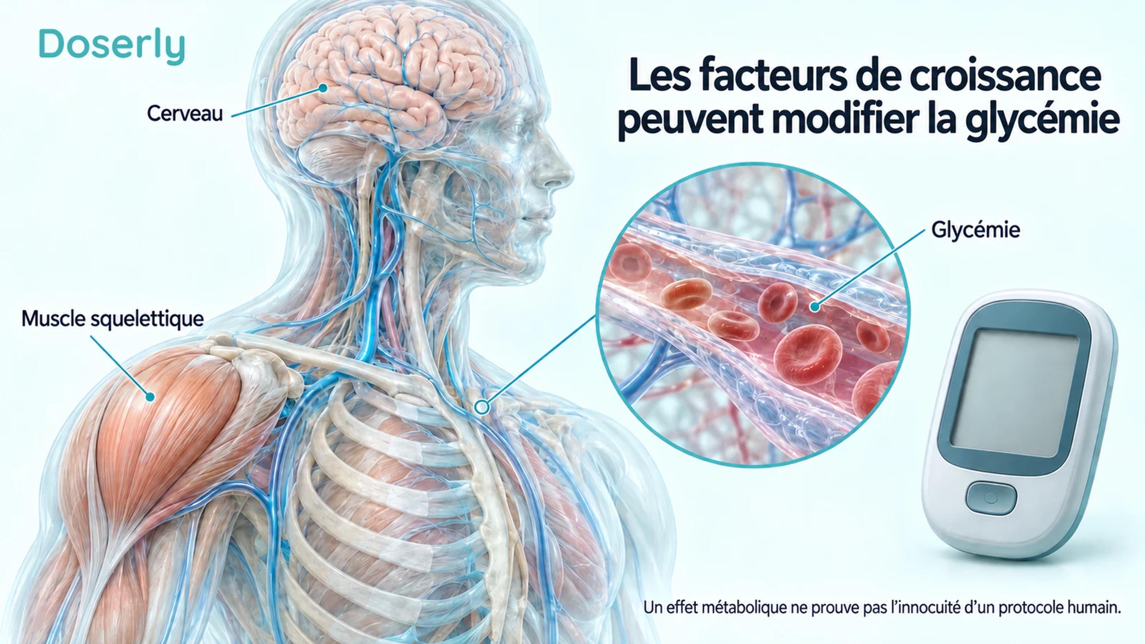 Anatomie du cerveau humain et des muscles de l’épaule à côté d’un vaisseau sanguin et d’un glucomètre à écran vide