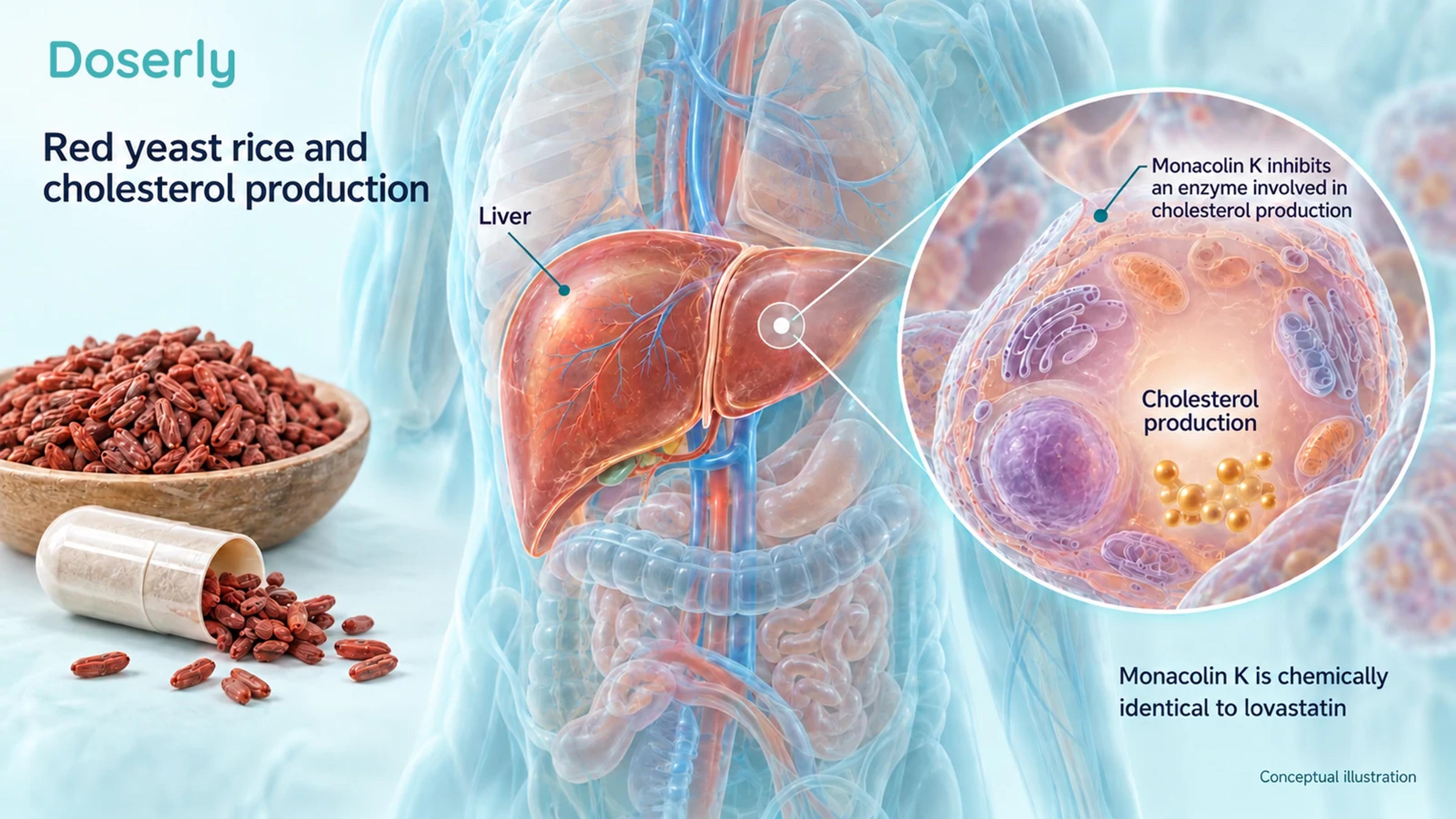 Translucent liver and enlarged liver cell beside fermented rice, explaining monacolin K's connection to cholesterol production.