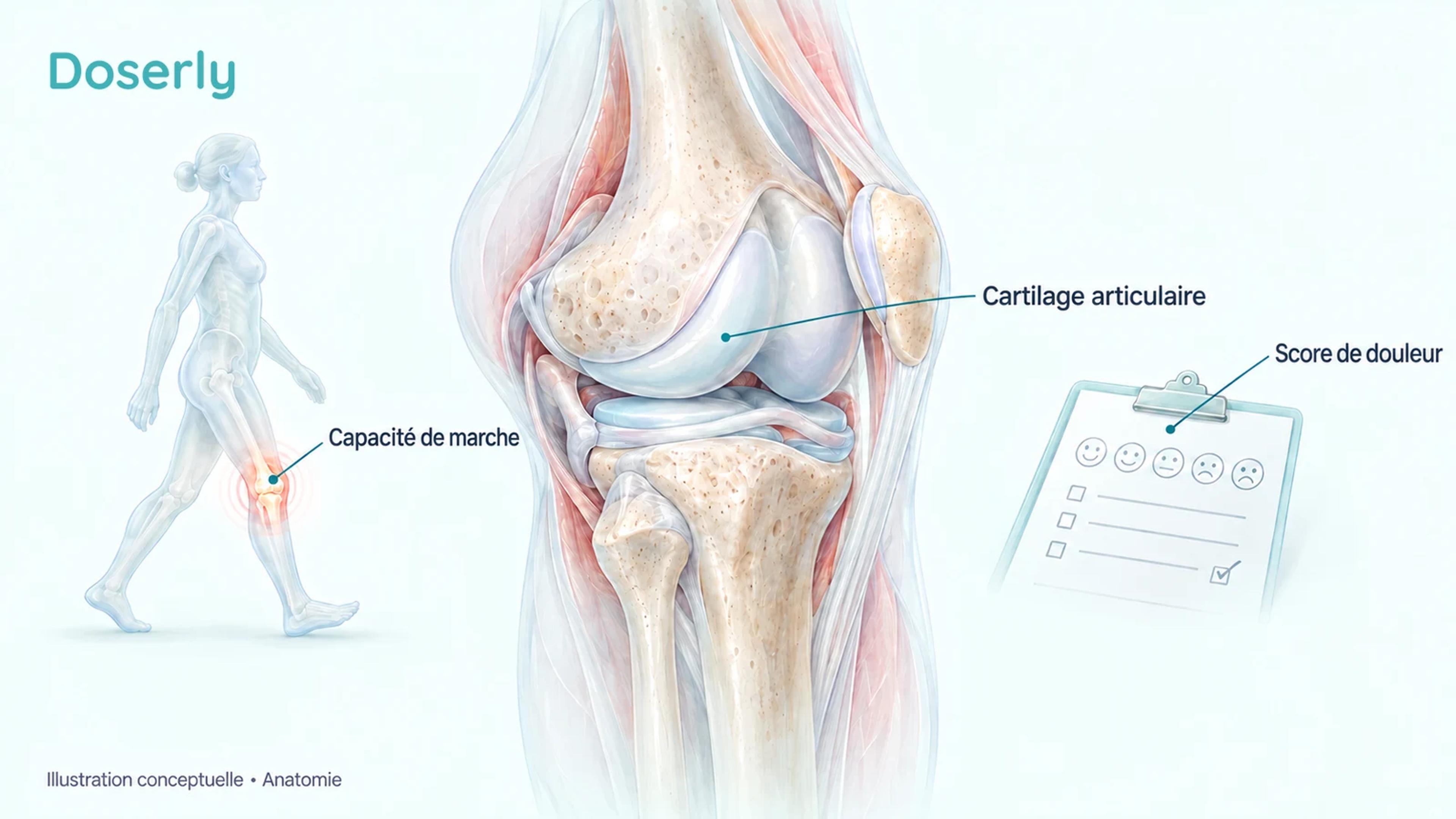 Anatomie de l’articulation du genou à côté de symboles de marche et de questionnaire sur la douleur, pour distinguer la structure des tissus des symptômes et de la fonction.