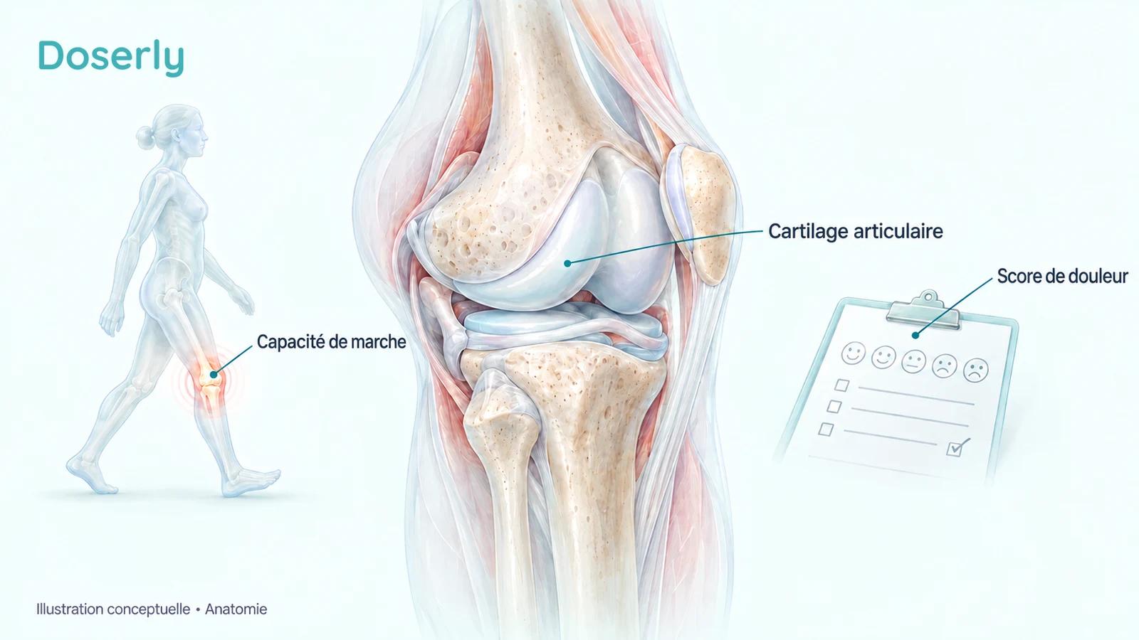 Anatomie de l’articulation du genou à côté de symboles de marche et de questionnaire sur la douleur, pour distinguer la structure des tissus des symptômes et de la fonction.