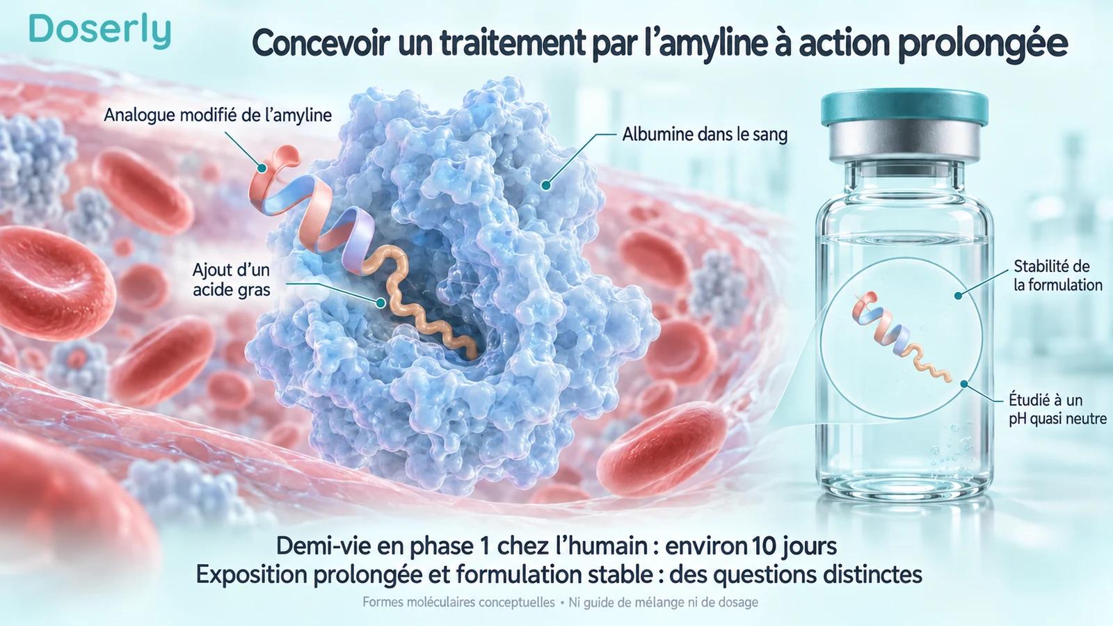 Peptide modifié et albumine dans le sang, à côté d’une illustration de la stabilité de la formulation.