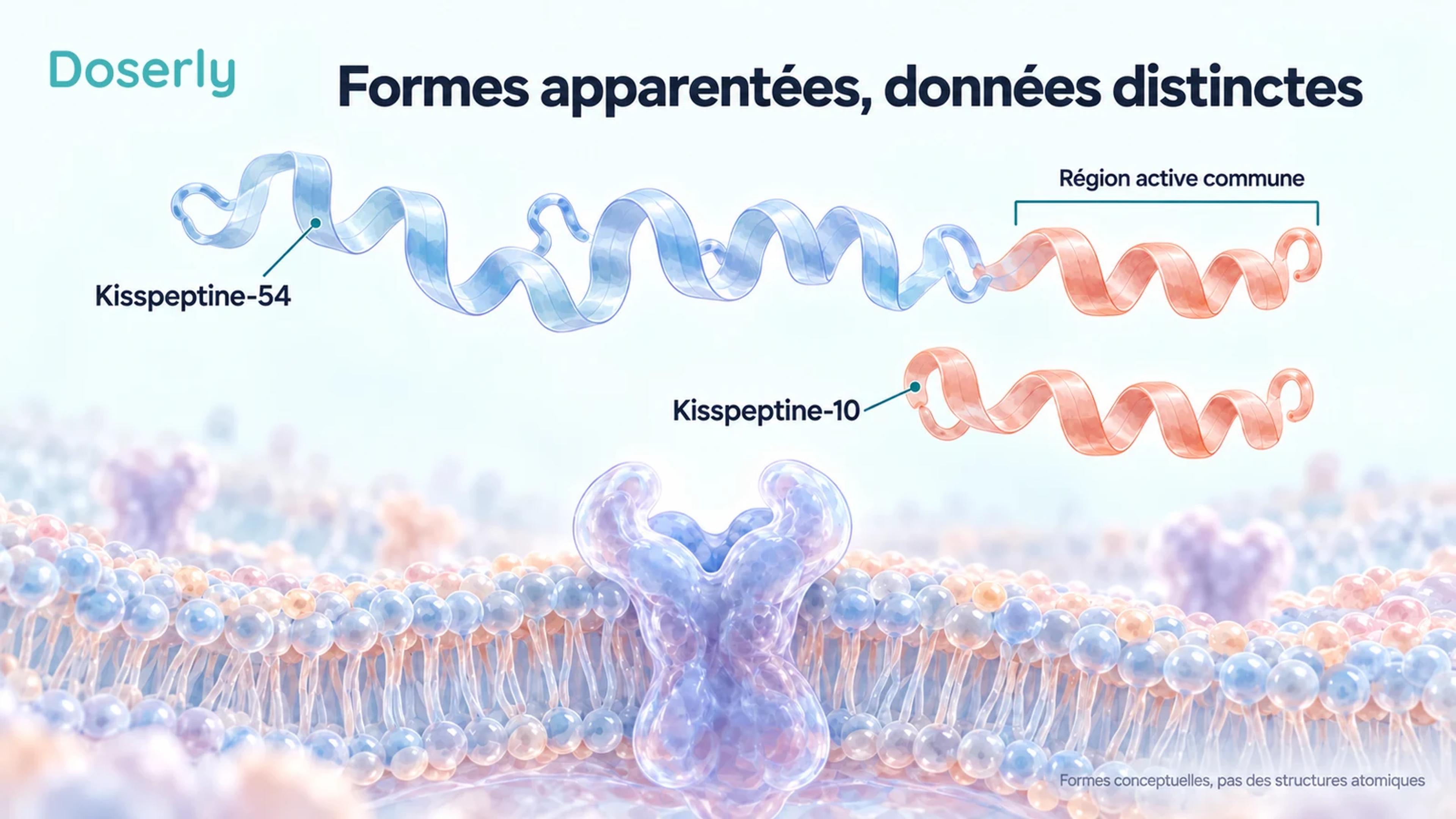 Deux rubans peptidiques conceptuels illustrent la chaîne plus longue de la kisspeptine-54 et la région active commune plus courte représentée par la kisspeptine-10.