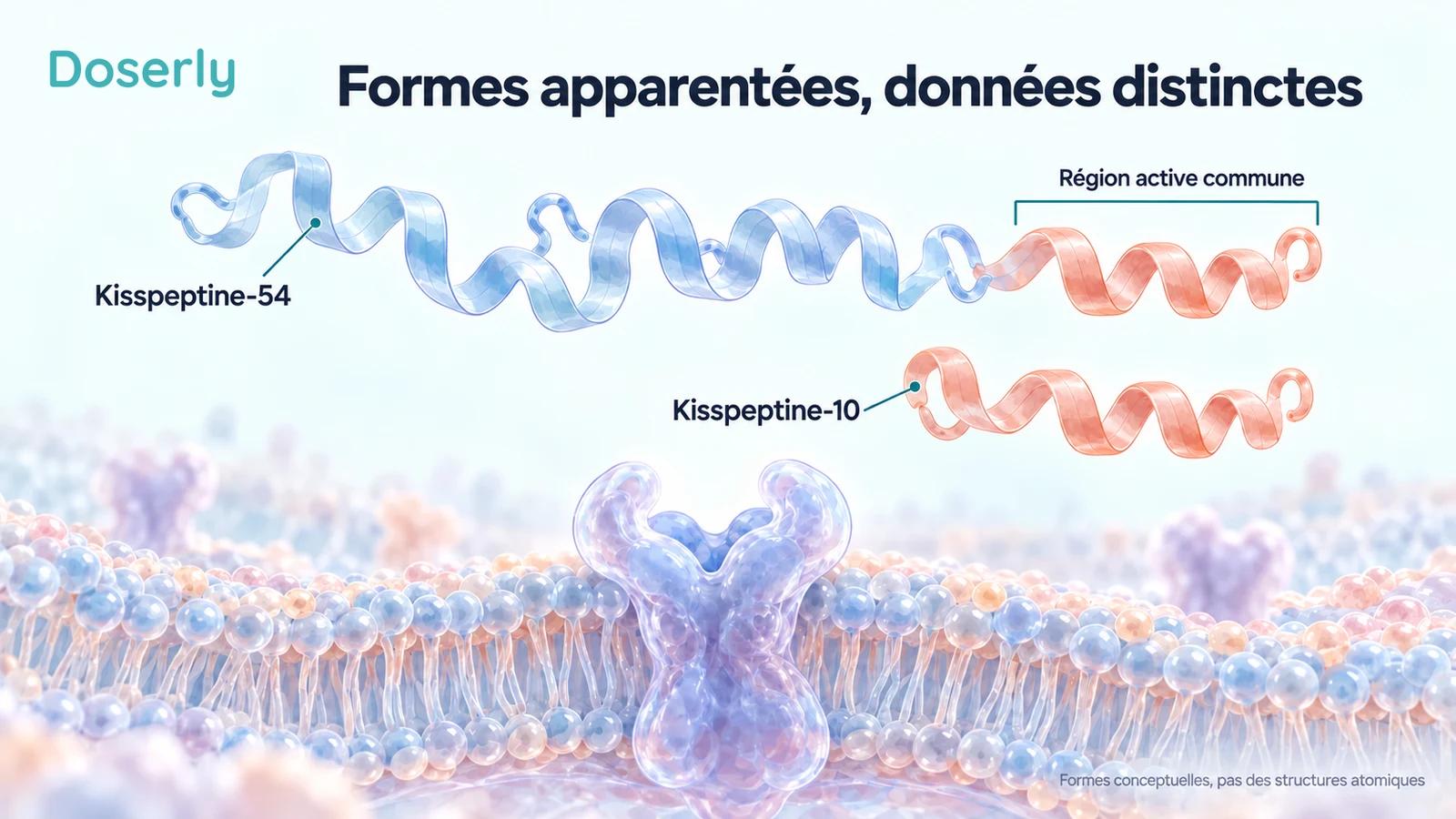 Deux rubans peptidiques conceptuels illustrent la chaîne plus longue de la kisspeptine-54 et la région active commune plus courte représentée par la kisspeptine-10.