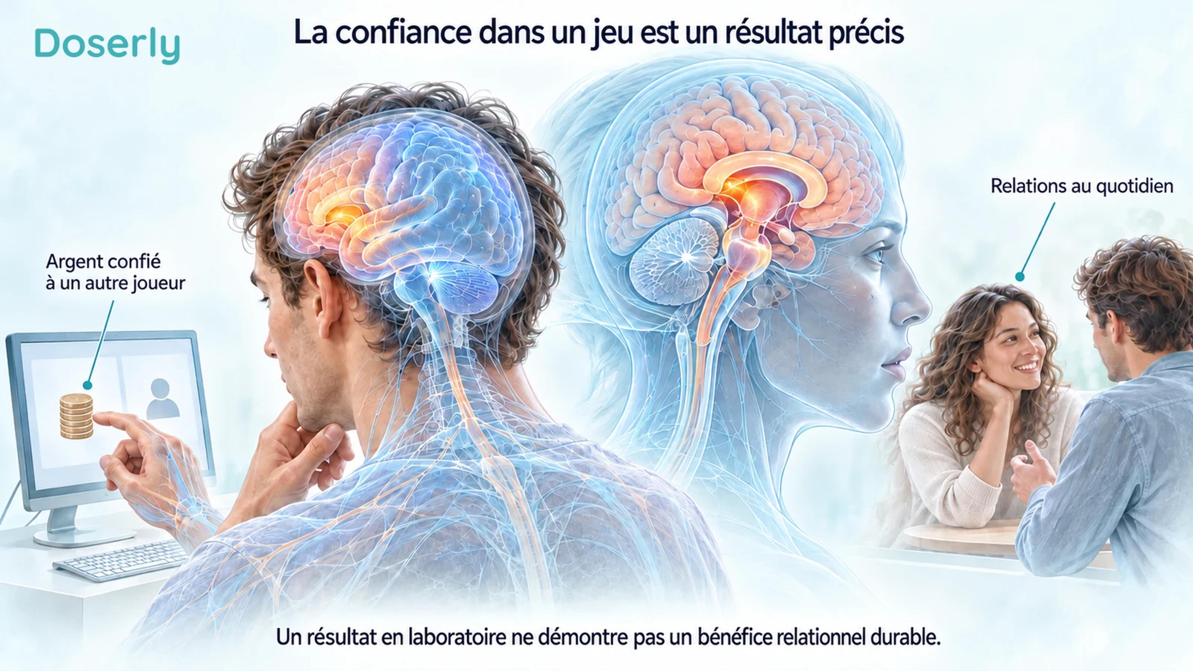 Un participant prenant une décision monétaire dans un jeu de confiance, à côté d’une conversation quotidienne distincte.