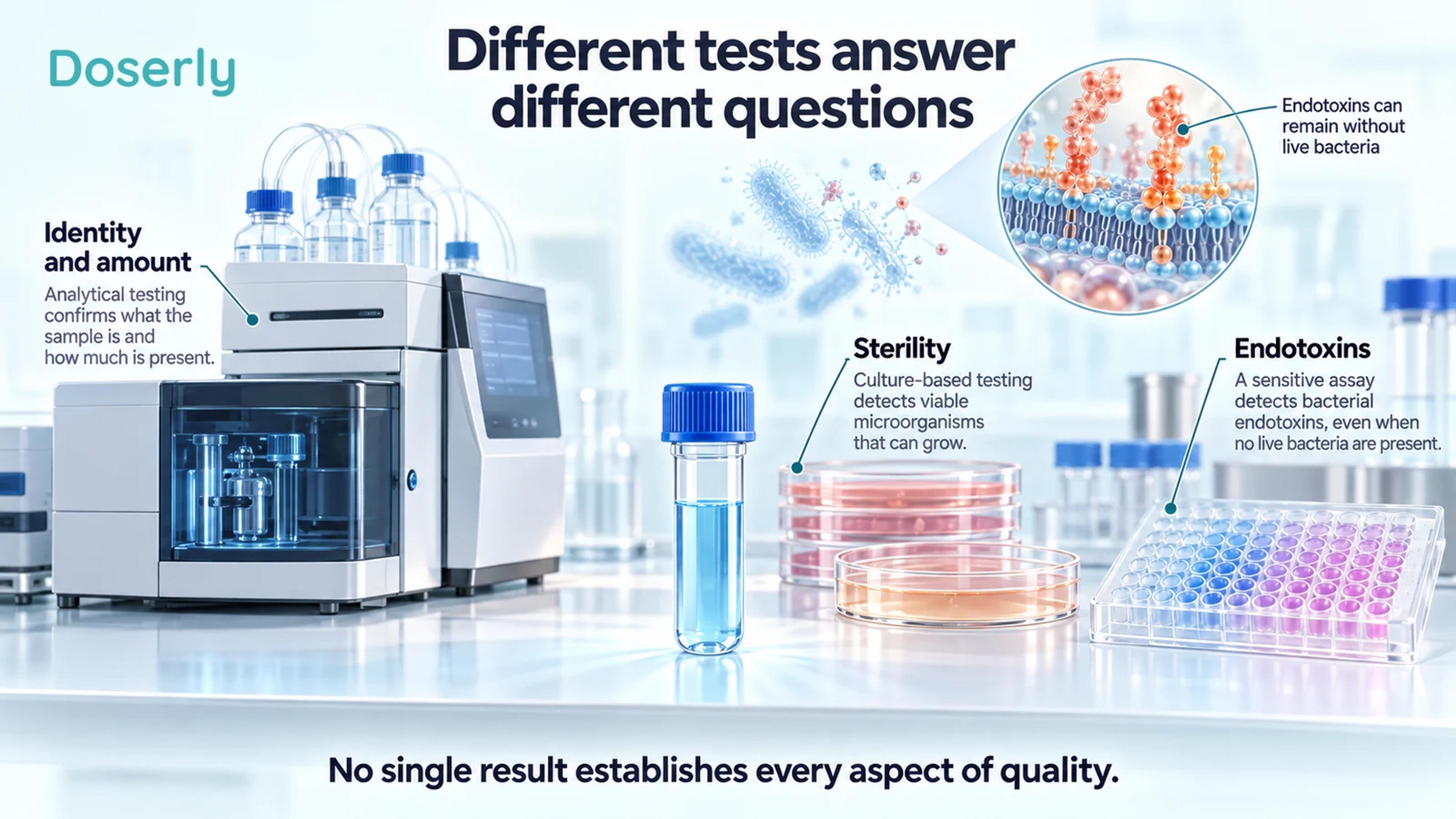 Professional laboratory equipment, culture vessels and an endotoxin assay illustrate different quality measurements.