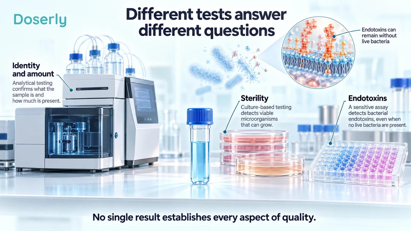 Professional laboratory equipment, culture vessels and an endotoxin assay illustrate different quality measurements.