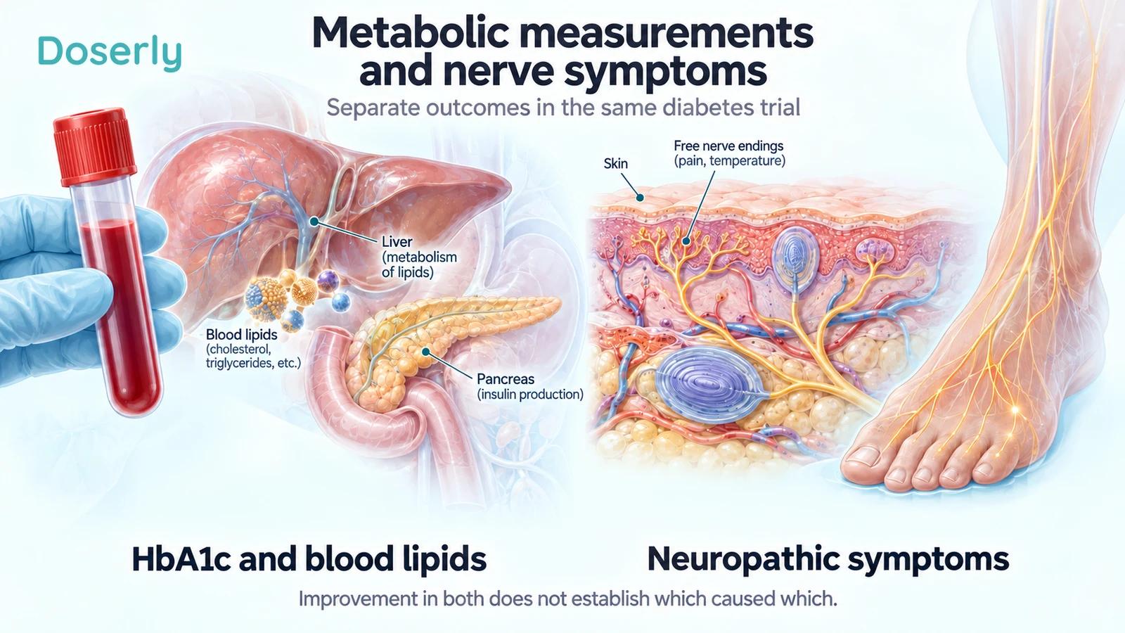Blood sampling, liver and pancreas anatomy shown separately from skin nerves and a foot.
