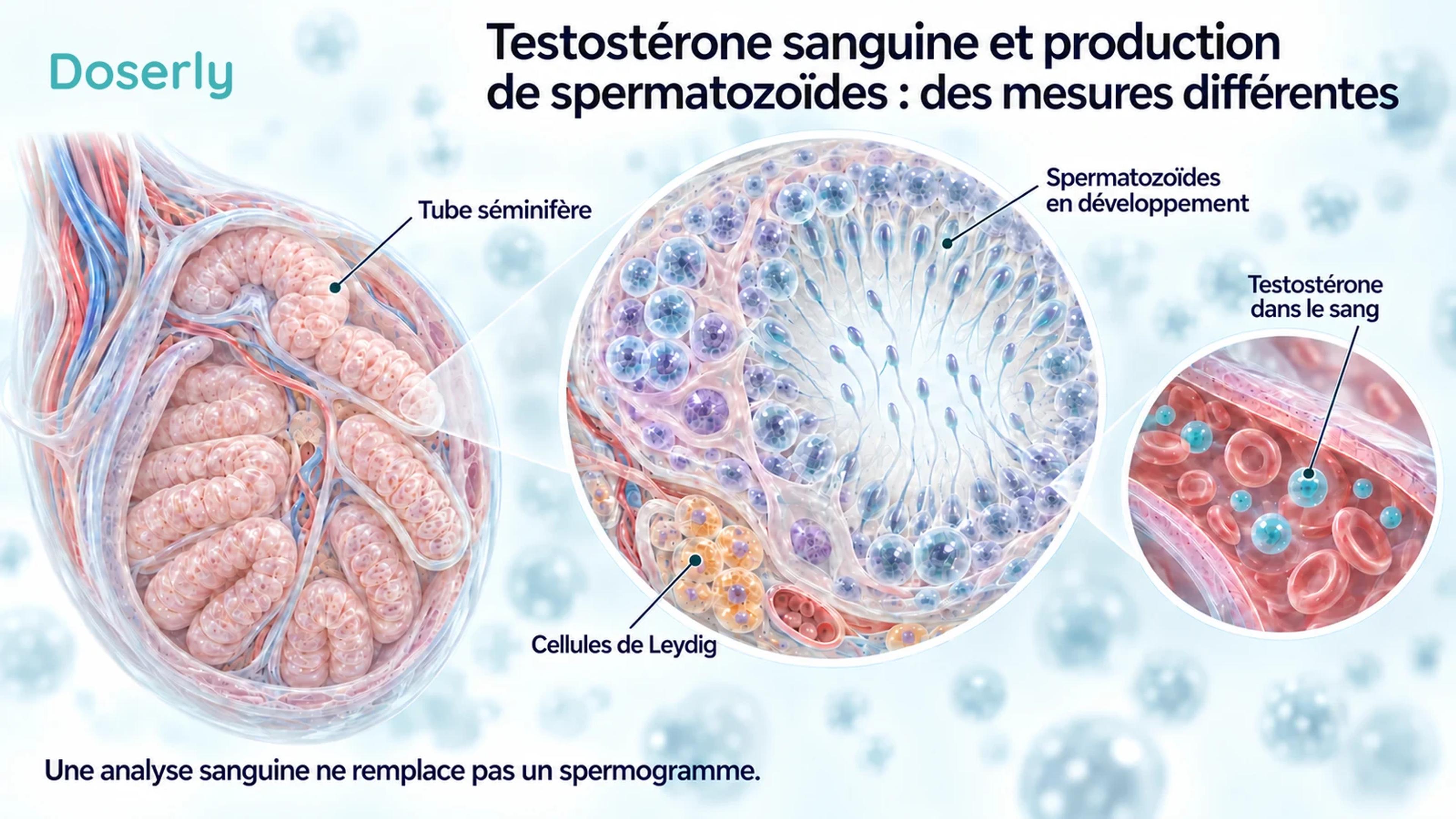 Coupe détaillée d’un testicule montrant des spermatozoïdes en développement dans les tubes séminifères, des cellules de Leydig à l’extérieur des tubes et un encadré distinct sur un vaisseau sanguin.