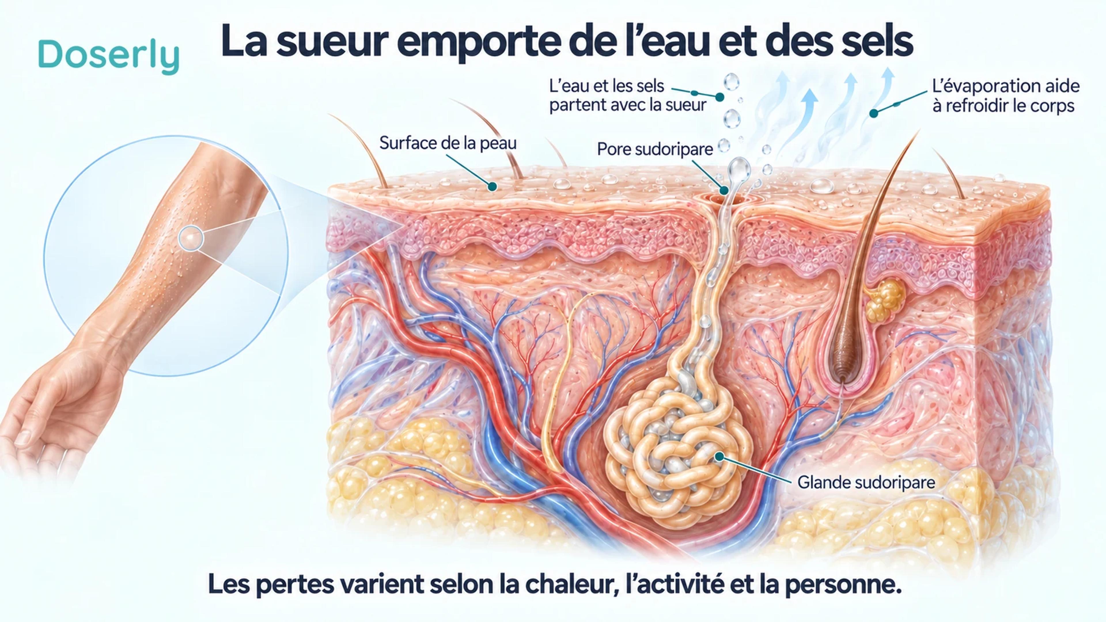 Coupe détaillée de la peau montrant une glande sudoripare enroulée, son canal, un pore cutané et de la sueur qui s’évapore.