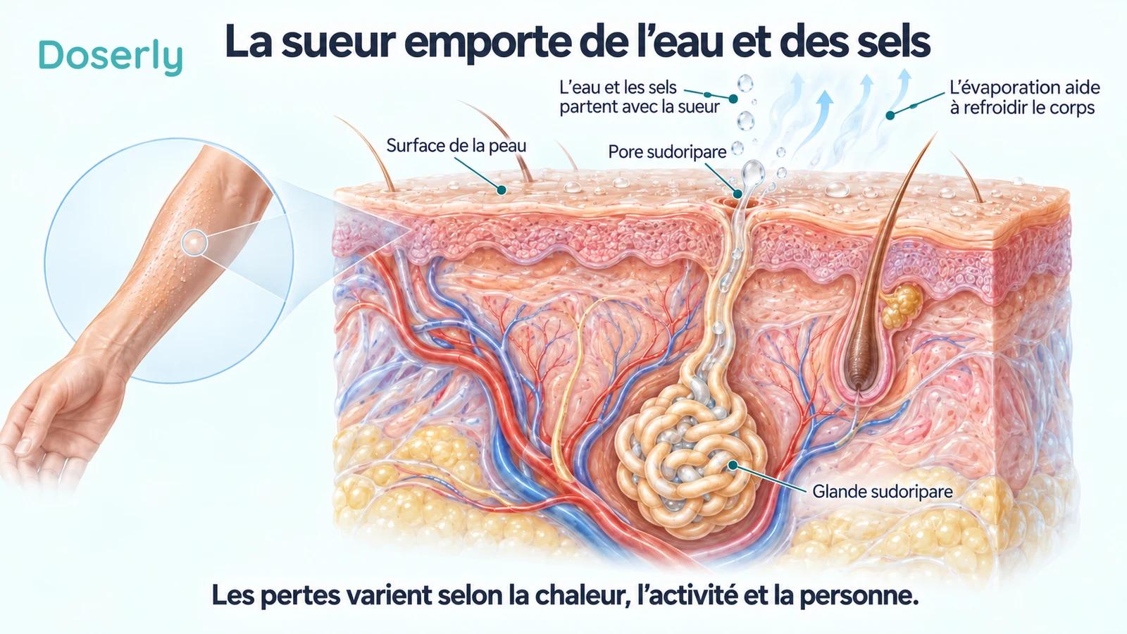 Coupe détaillée de la peau montrant une glande sudoripare enroulée, son canal, un pore cutané et de la sueur qui s’évapore.