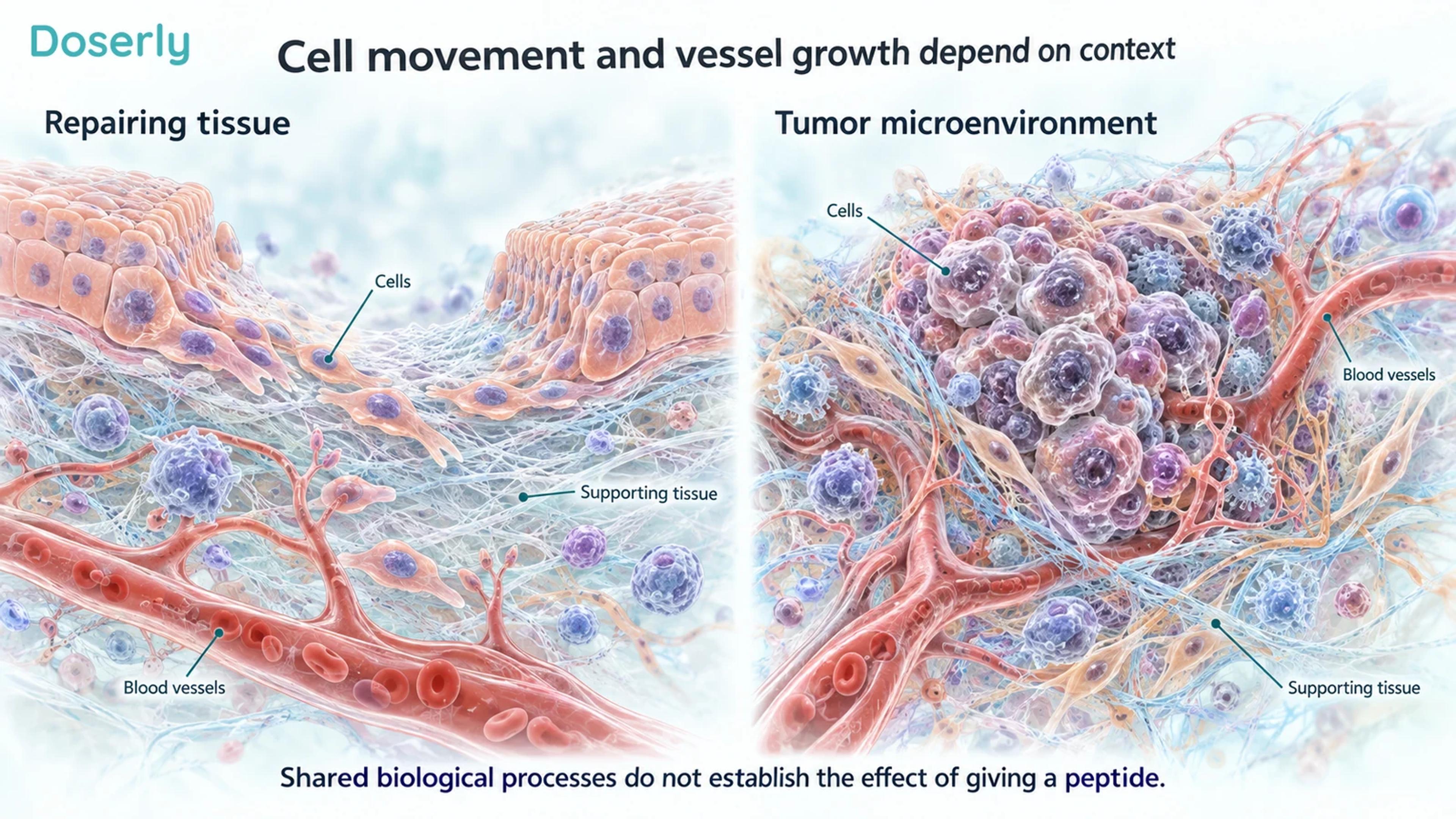 Organized repairing tissue and a tumor microenvironment illustrate shared cellular processes in different contexts.