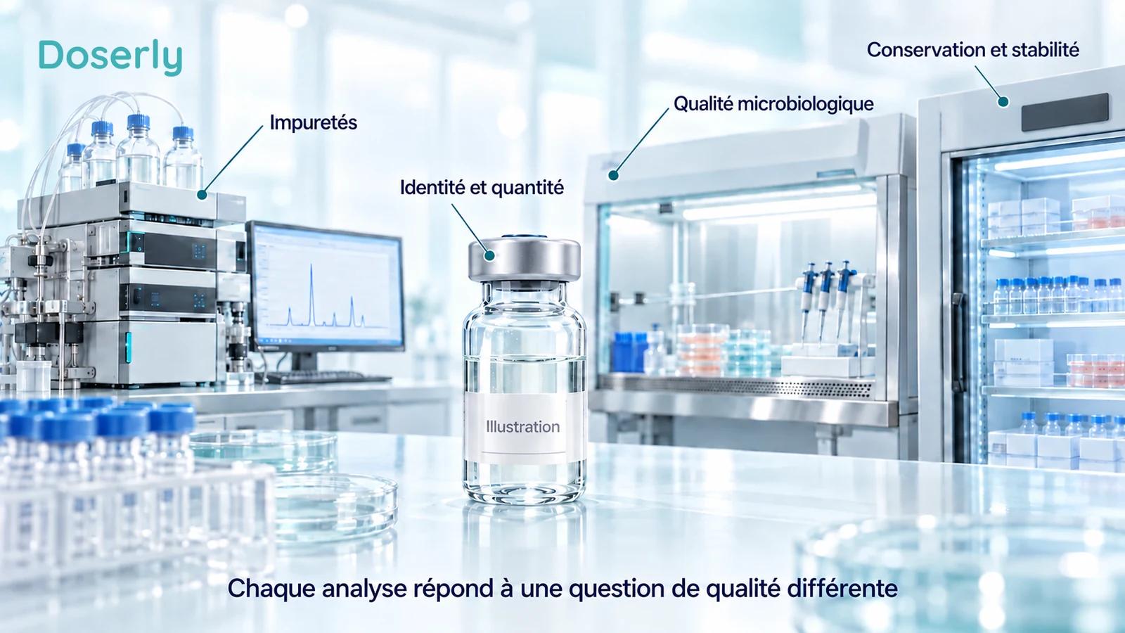 Un laboratoire pharmaceutique conceptuel montre une fiole scellée à titre illustratif, de l’équipement d’analyse, un espace de microbiologie et un espace de conservation contrôlée.