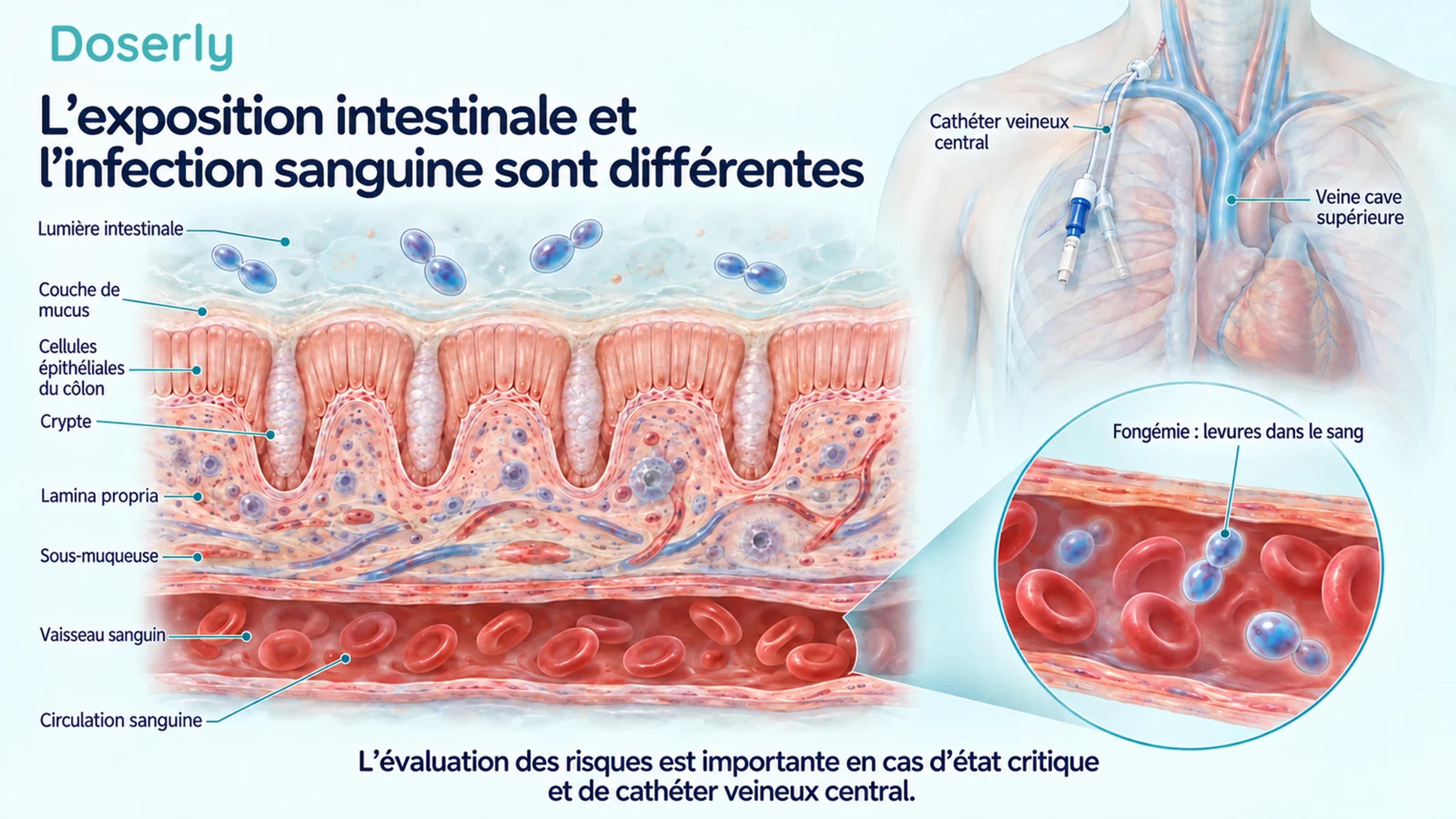 Lumière du côlon et barrière tissulaire intacte au-dessus d’un vaisseau sanguin, avec des illustrations distinctes d’une fongémie et d’un cathéter veineux central.