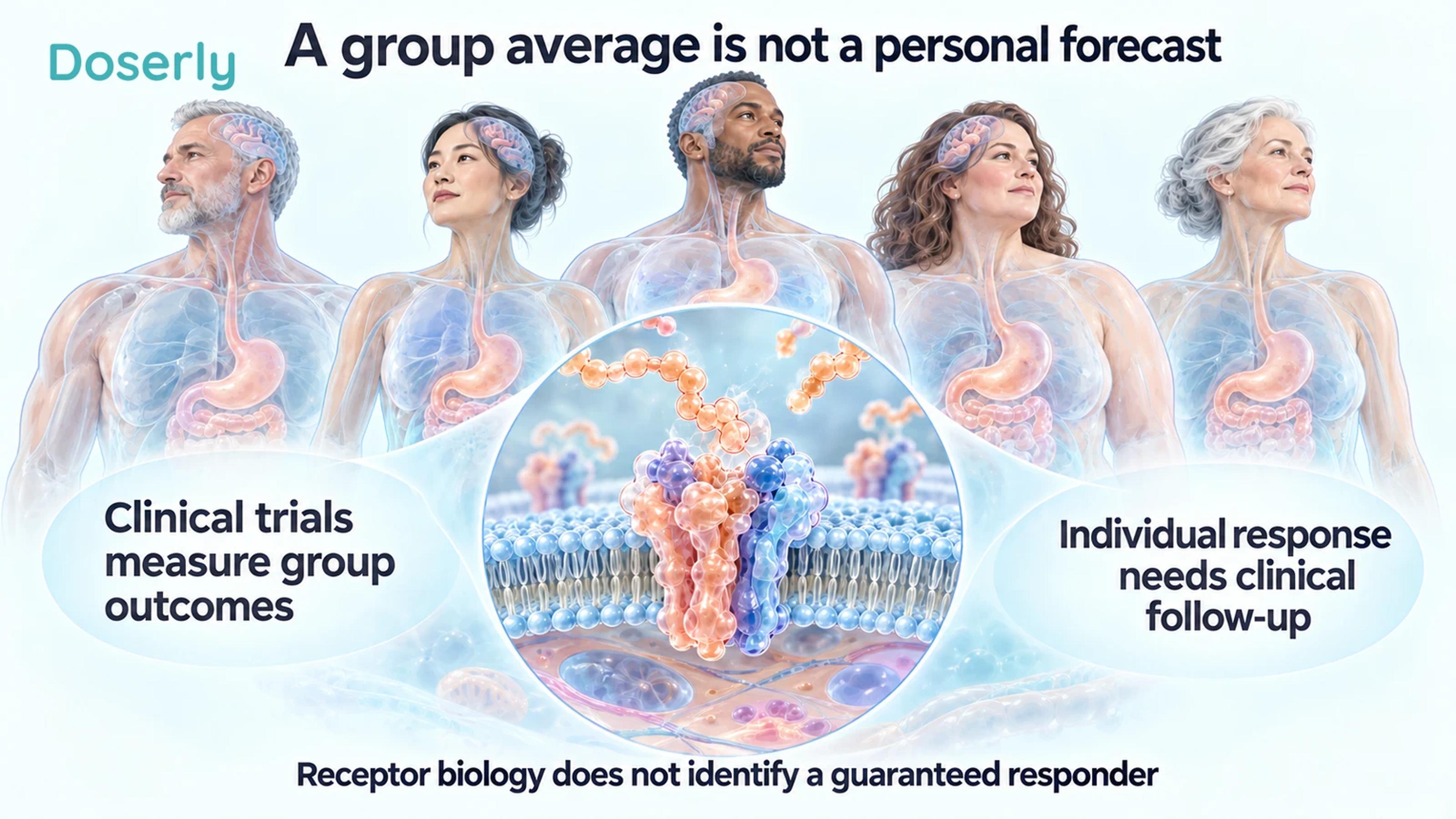 Diverse adults and a conceptual receptor illustrate the difference between group evidence and individual prediction
