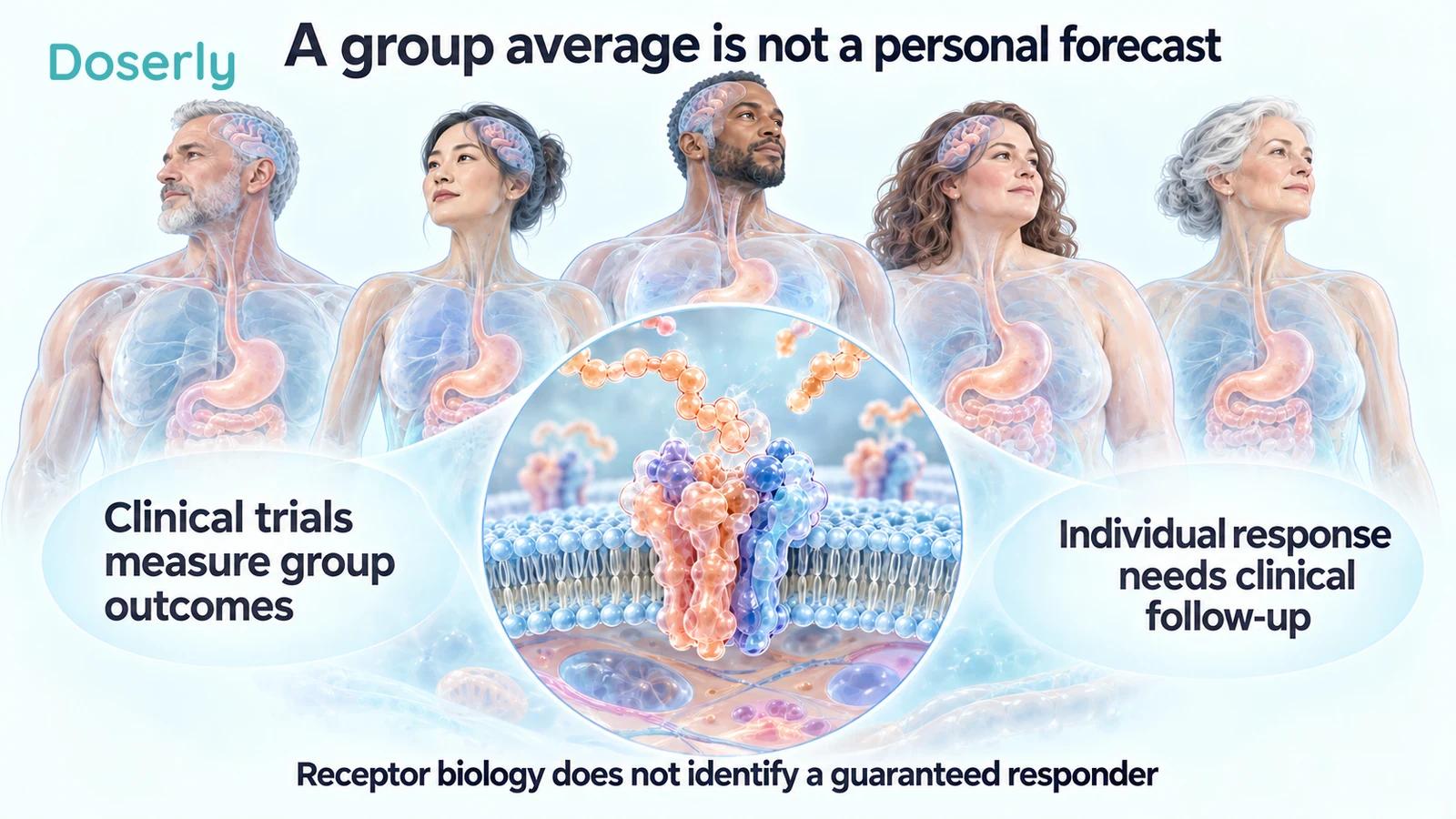 Diverse adults and a conceptual receptor illustrate the difference between group evidence and individual prediction