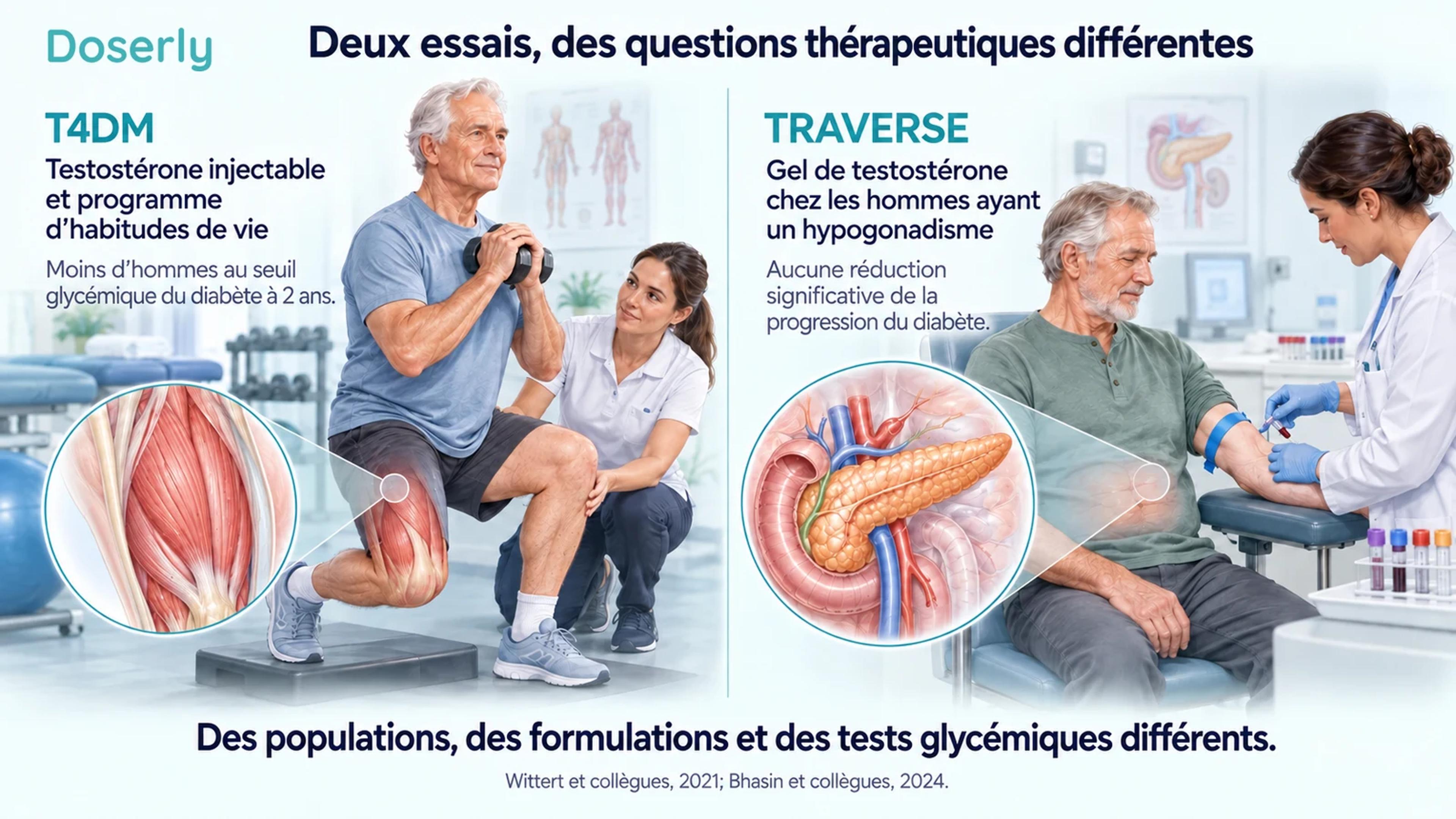 Comparaison illustrée de la question de T4DM sur la testostérone associée aux habitudes de vie et de l’analyse du diabète de TRAVERSE sur le gel de testostérone.