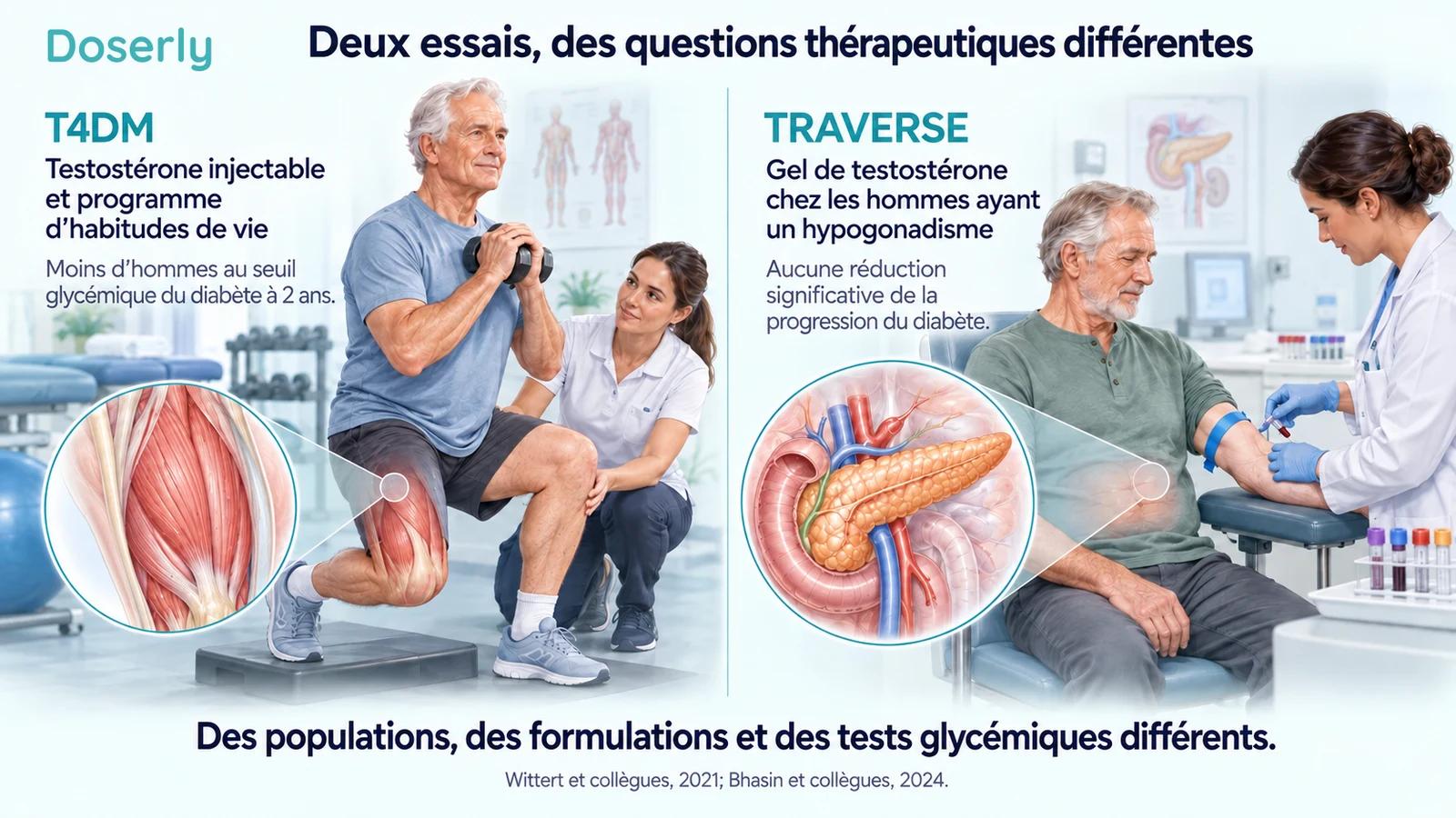 Comparaison illustrée de la question de T4DM sur la testostérone associée aux habitudes de vie et de l’analyse du diabète de TRAVERSE sur le gel de testostérone.