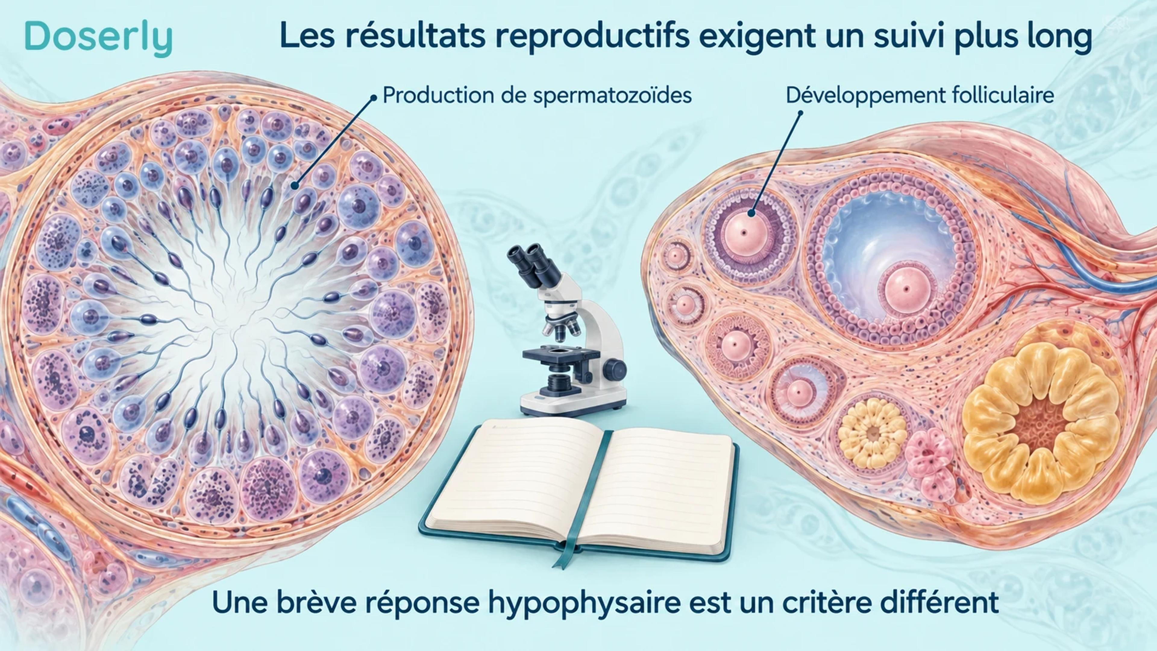 Illustrations détaillées d’un tube séminifère et d’un follicule ovarien à côté d’un microscope et d’un carnet de suivi vierge.