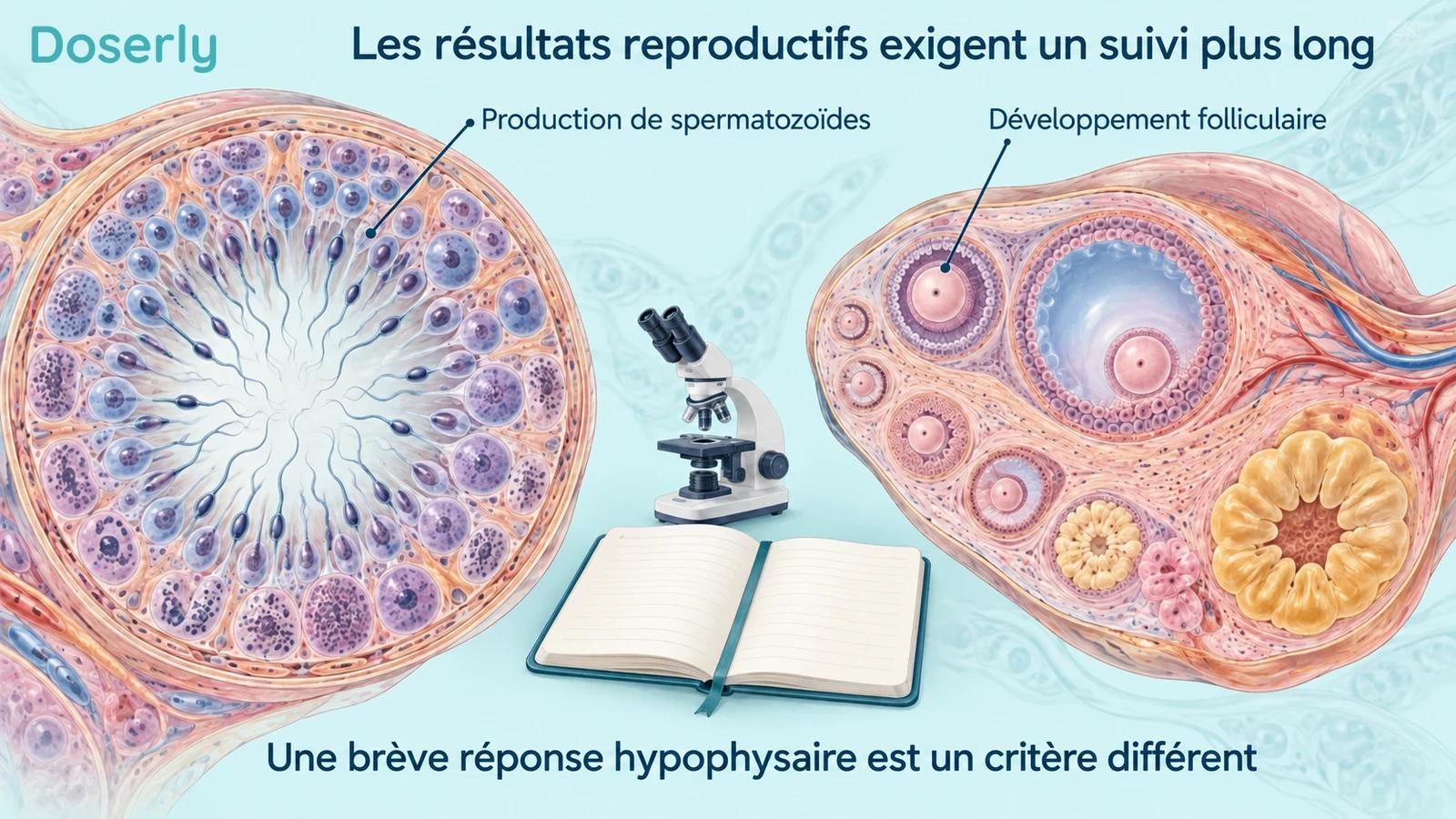 Illustrations détaillées d’un tube séminifère et d’un follicule ovarien à côté d’un microscope et d’un carnet de suivi vierge.