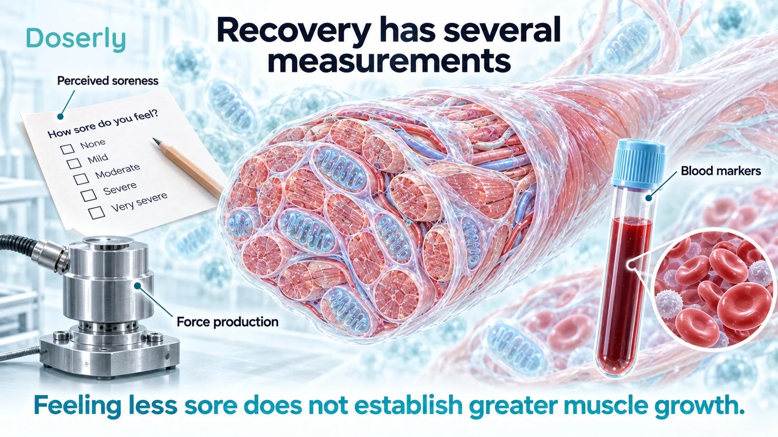 A soreness questionnaire, force sensor and blood tube surround a detailed muscle-fiber illustration.