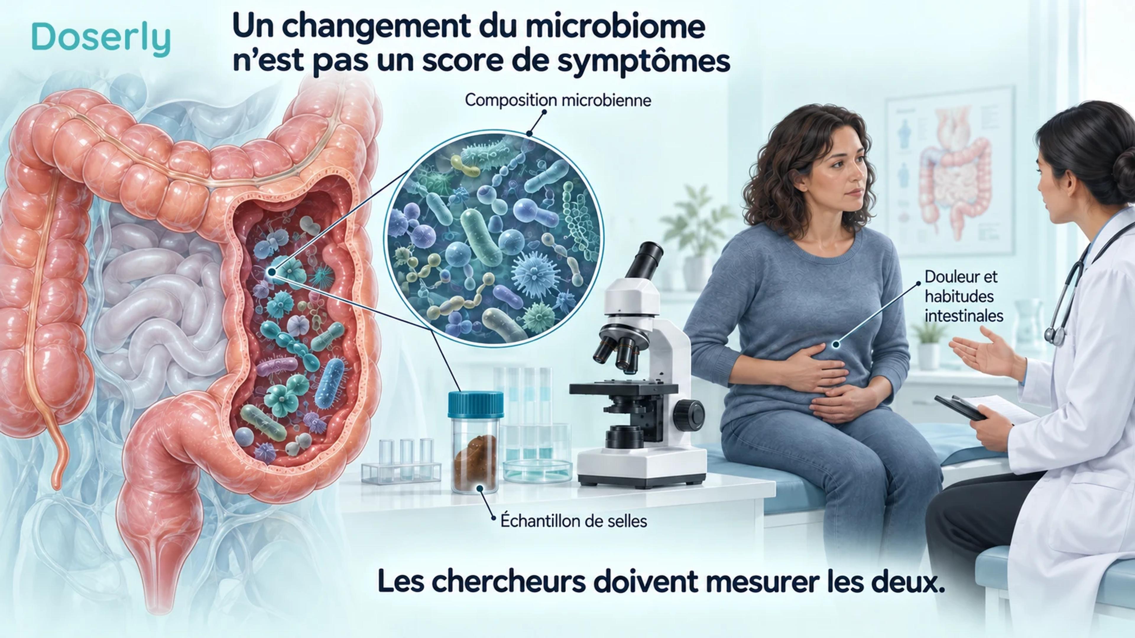 Un côlon et un échantillon de selles de laboratoire sont présentés à côté d’un clinicien qui discute de symptômes abdominaux avec un adulte.