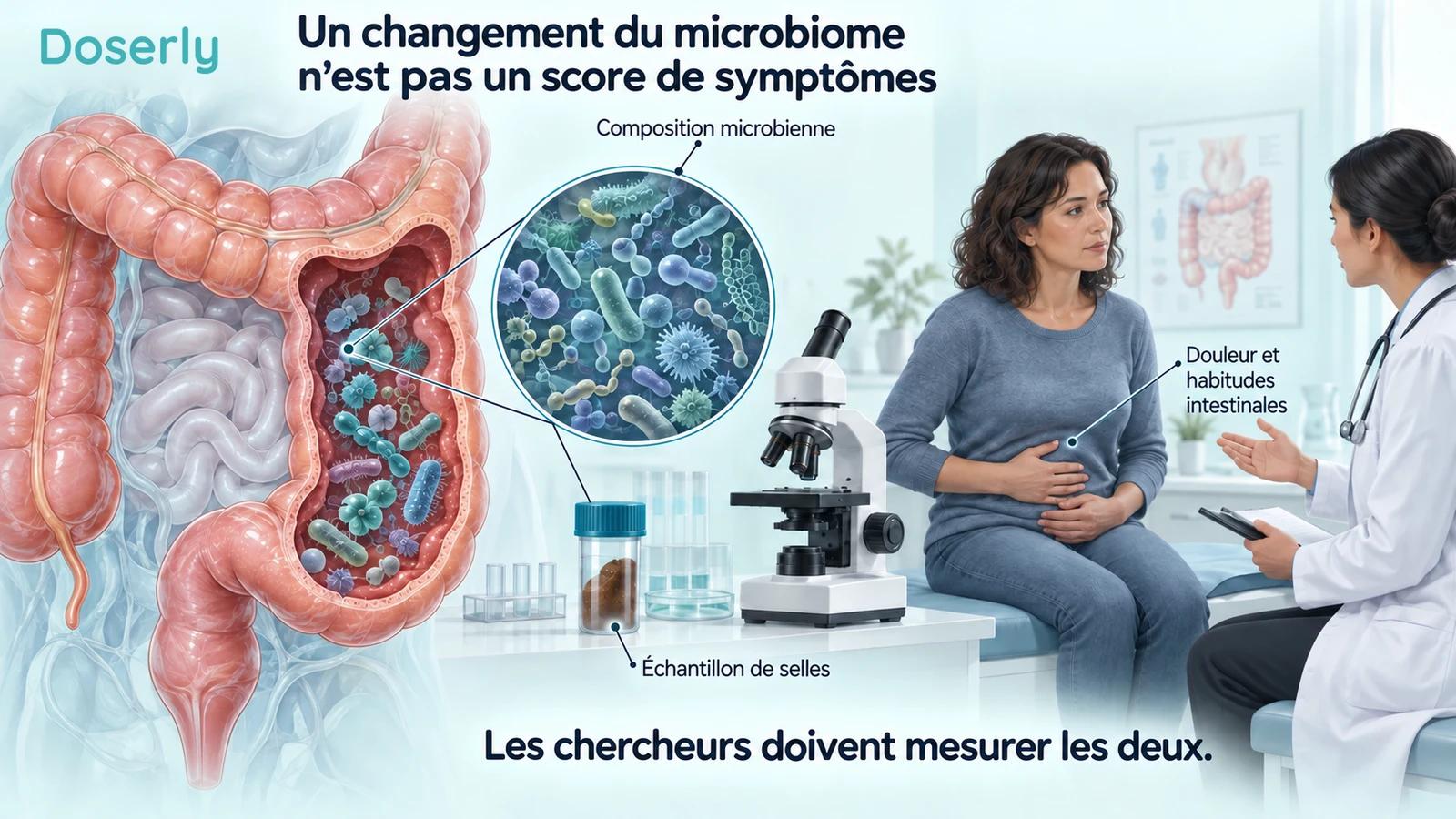 Un côlon et un échantillon de selles de laboratoire sont présentés à côté d’un clinicien qui discute de symptômes abdominaux avec un adulte.