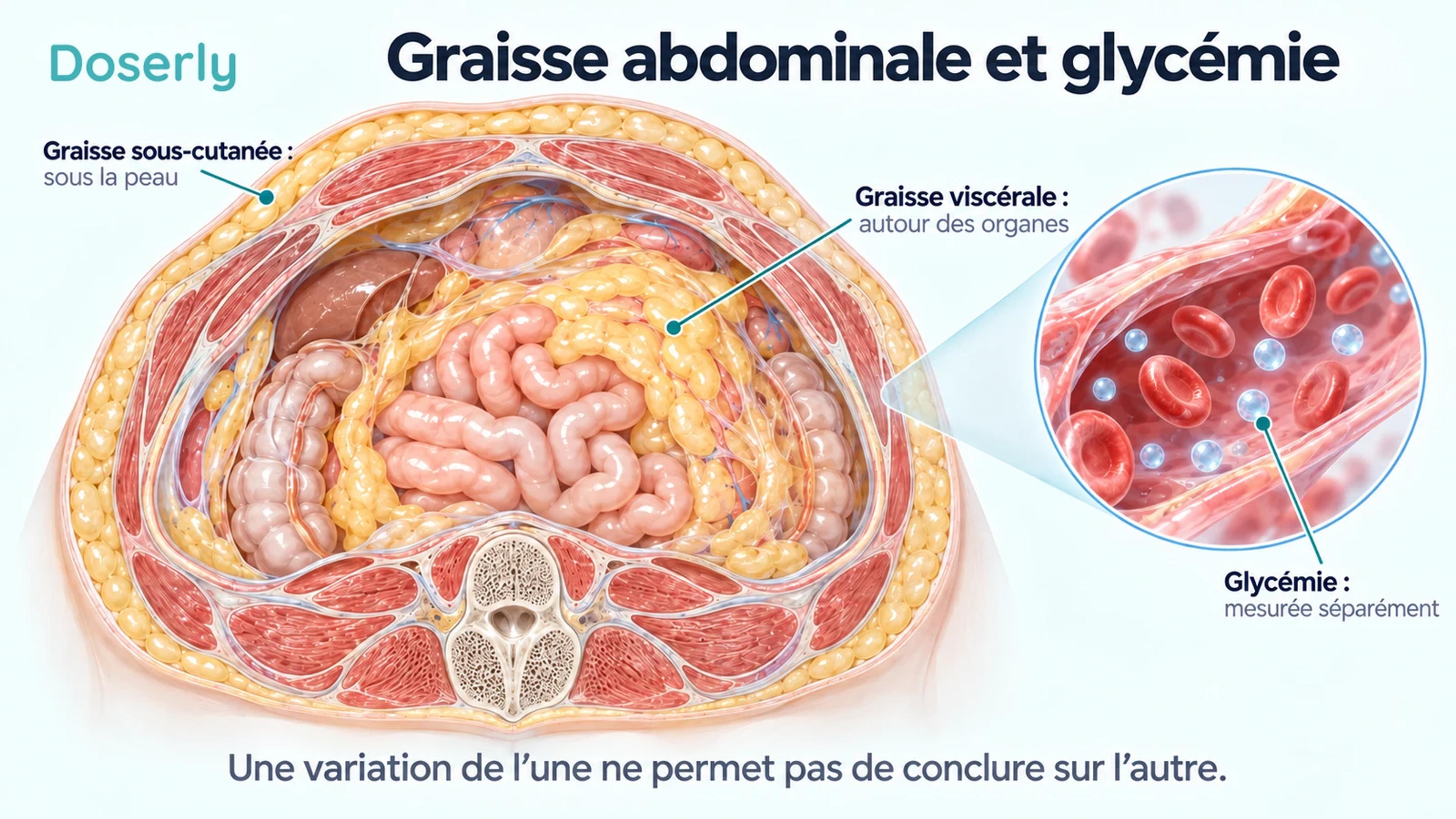 Une coupe de l’abdomen distingue la graisse viscérale autour des organes de la graisse sous-cutanée sous la peau, avec un encadré distinct sur la glycémie.
